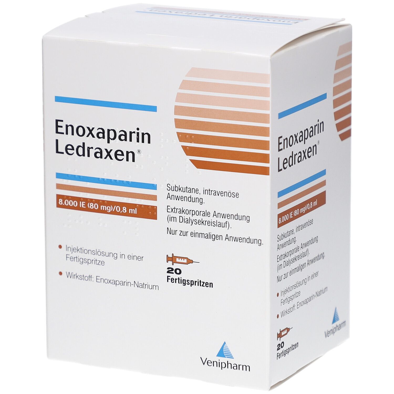 Karton von Enoxaparin Ledraxen. Aufschrift: 8.000 IE (80 mg)/0,8 ml. Enthält 20 Fertigspritzen. Venipharm Logo.