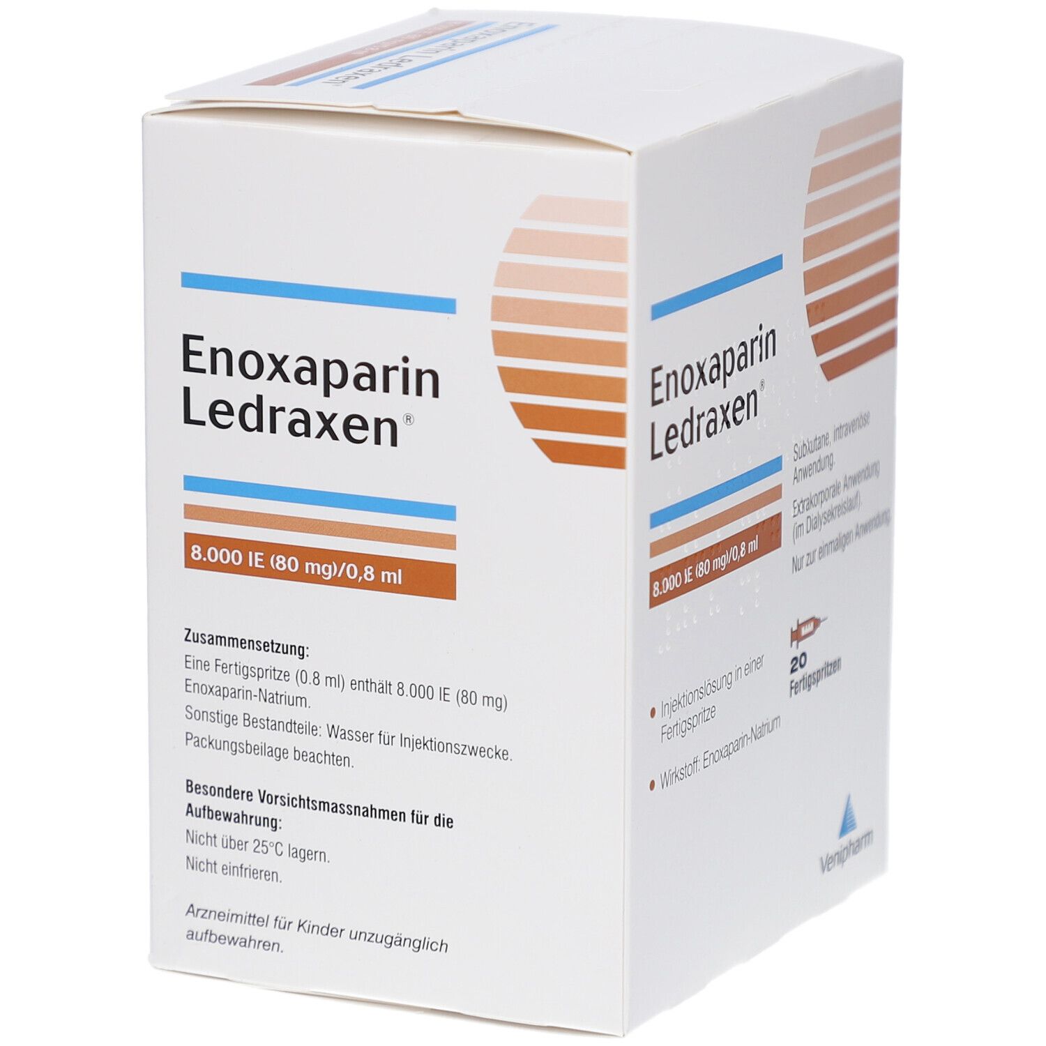 Karton von Enoxaparin Ledraxen. Aufschrift: 8.000 IE (80 mg)/0,8 ml. Enthält 20 Fertigspritzen. Venipharm Logo.