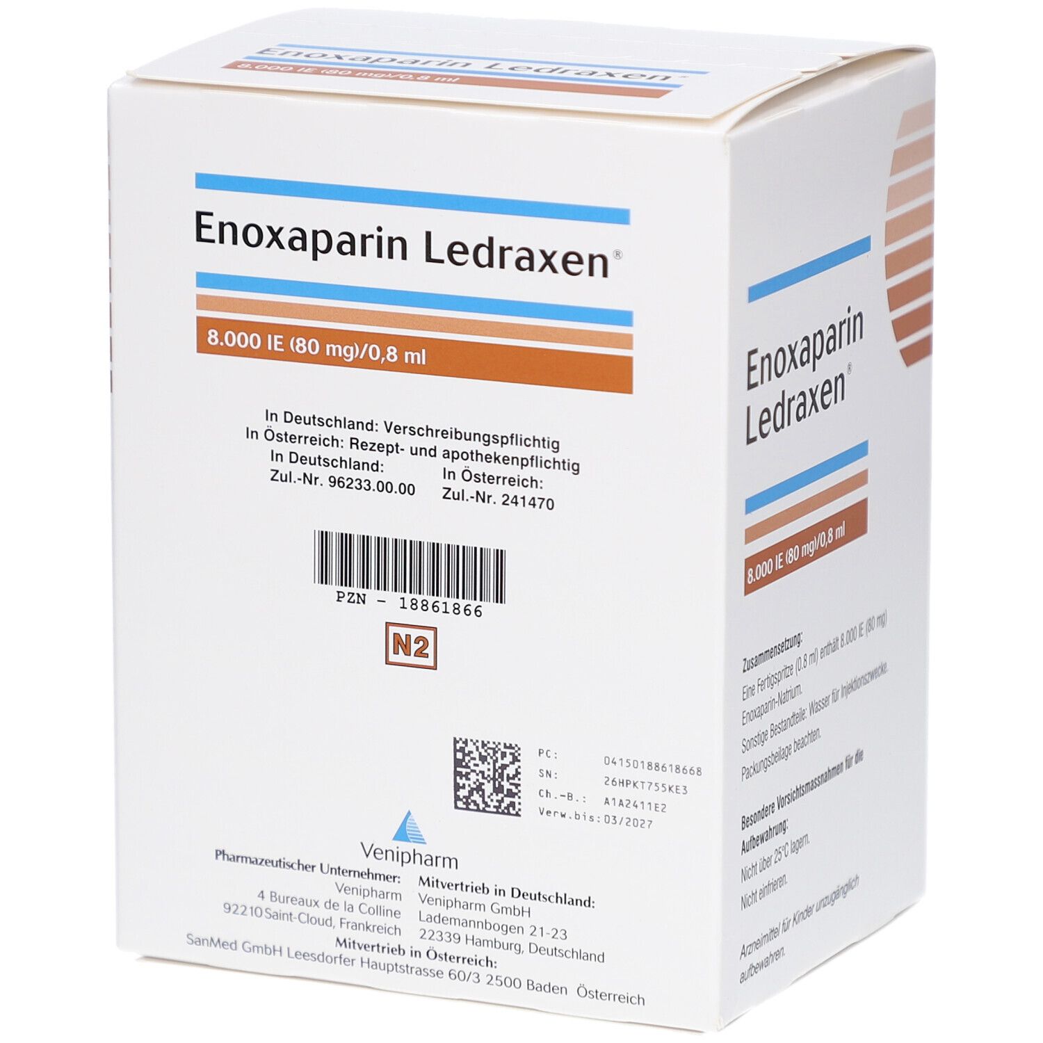 Karton von Enoxaparin Ledraxen. Aufschrift: 8.000 IE (80 mg)/0,8 ml. Enthält 20 Fertigspritzen. Venipharm Logo.