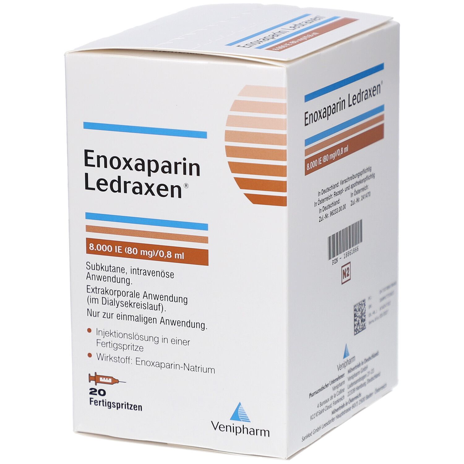 Karton von Enoxaparin Ledraxen. Aufschrift: 8.000 IE (80 mg)/0,8 ml. Enthält 20 Fertigspritzen. Venipharm Logo.