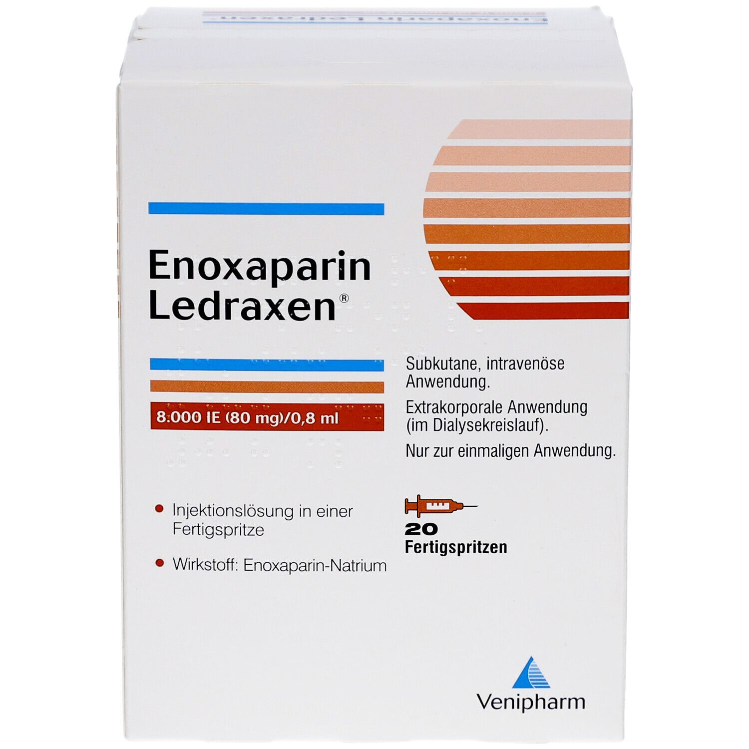 Karton von Enoxaparin Ledraxen. Aufschrift: 8.000 IE (80 mg)/0,8 ml. Enthält 20 Fertigspritzen. Venipharm Logo.