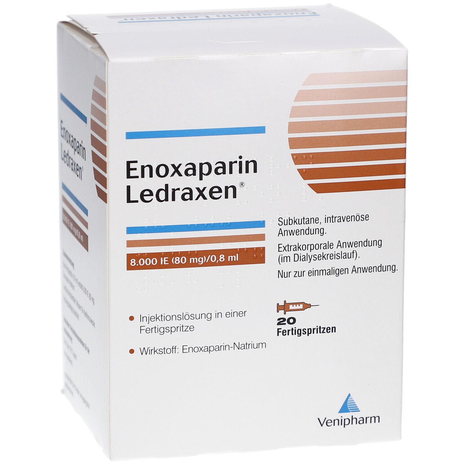 Karton von Enoxaparin Ledraxen. Aufschrift: 8.000 IE (80 mg)/0,8 ml. Enthält 20 Fertigspritzen. Venipharm Logo.