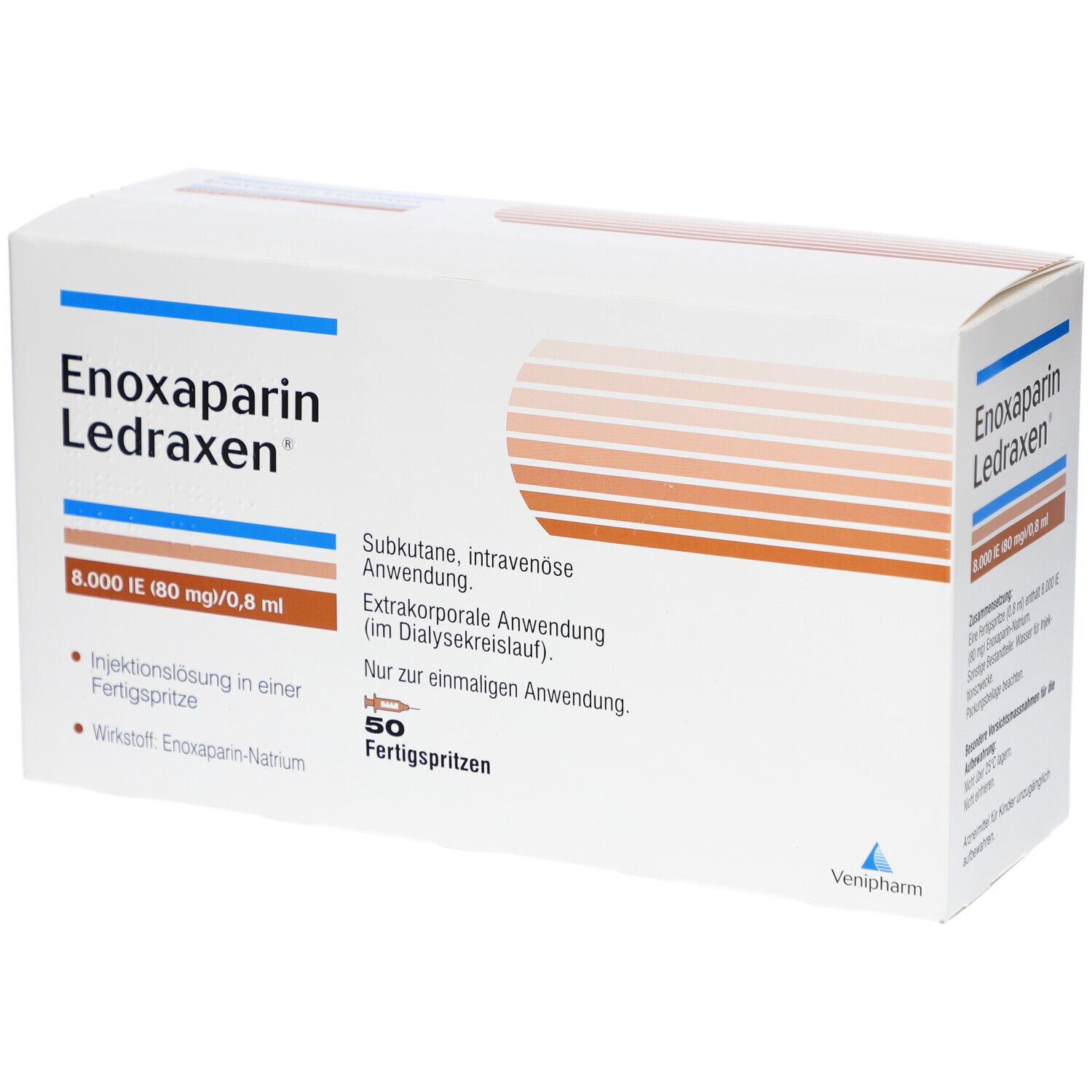Schachtel mit Aufschrift Enoxaparin Ledraxen. Enthält 50 Fertigspritzen. Angaben zu Dosierung und Anwendung.