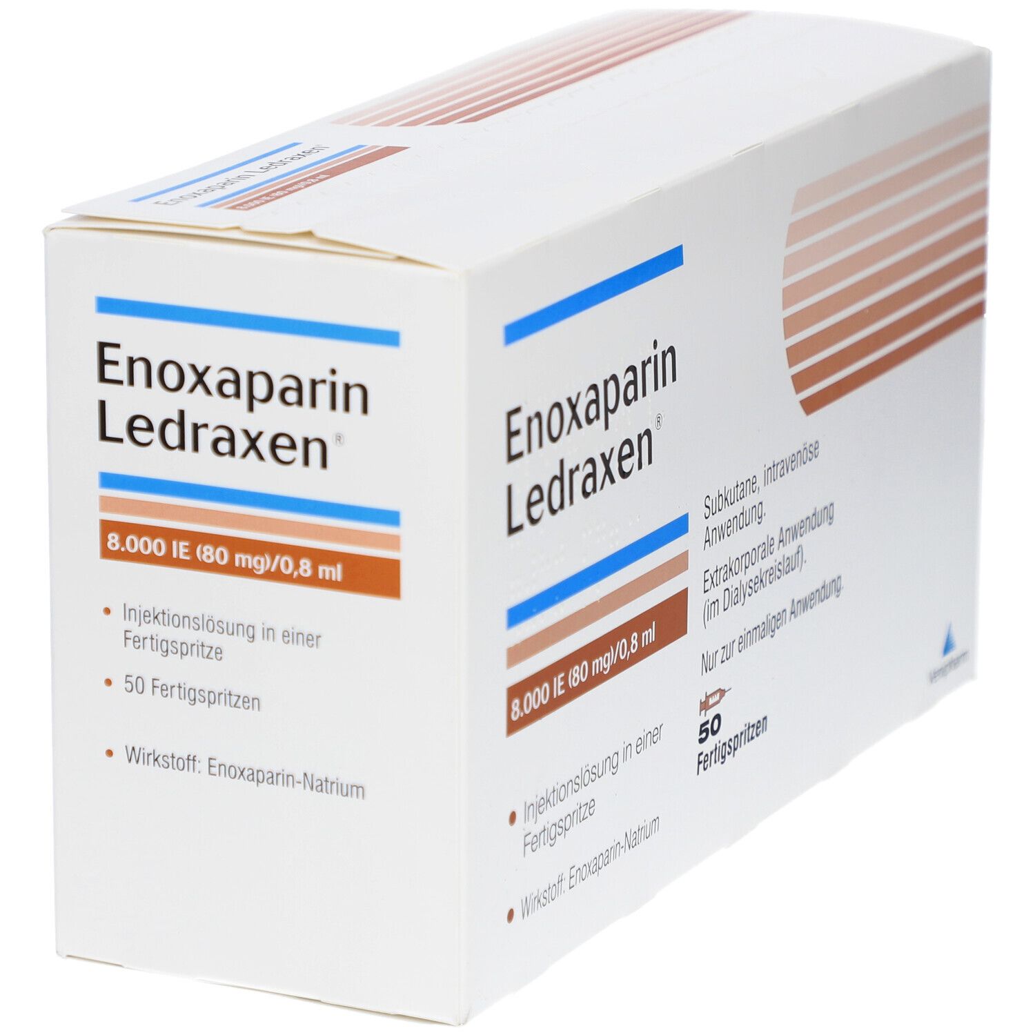 Enoxaparin Ledraxen Schachtel. Enthält 50 Fertigspritzen. Angaben zu Dosierung und Anwendung. Produktname und Logo.