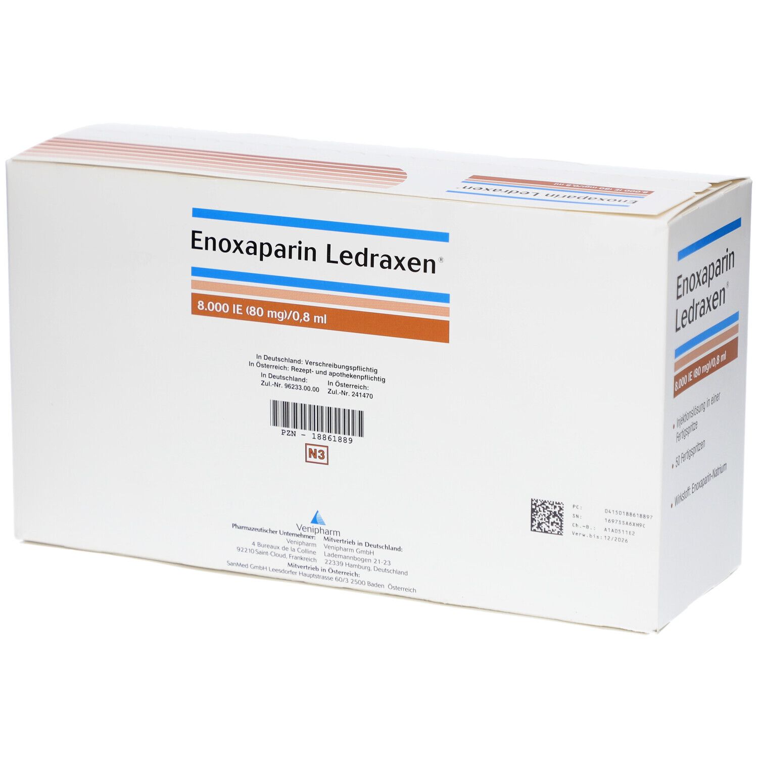 Enoxaparin Ledraxen Schachtel. Produktname und Logo. Angaben zu Dosierung und Anwendung. QR-Code und Chargennummer.
