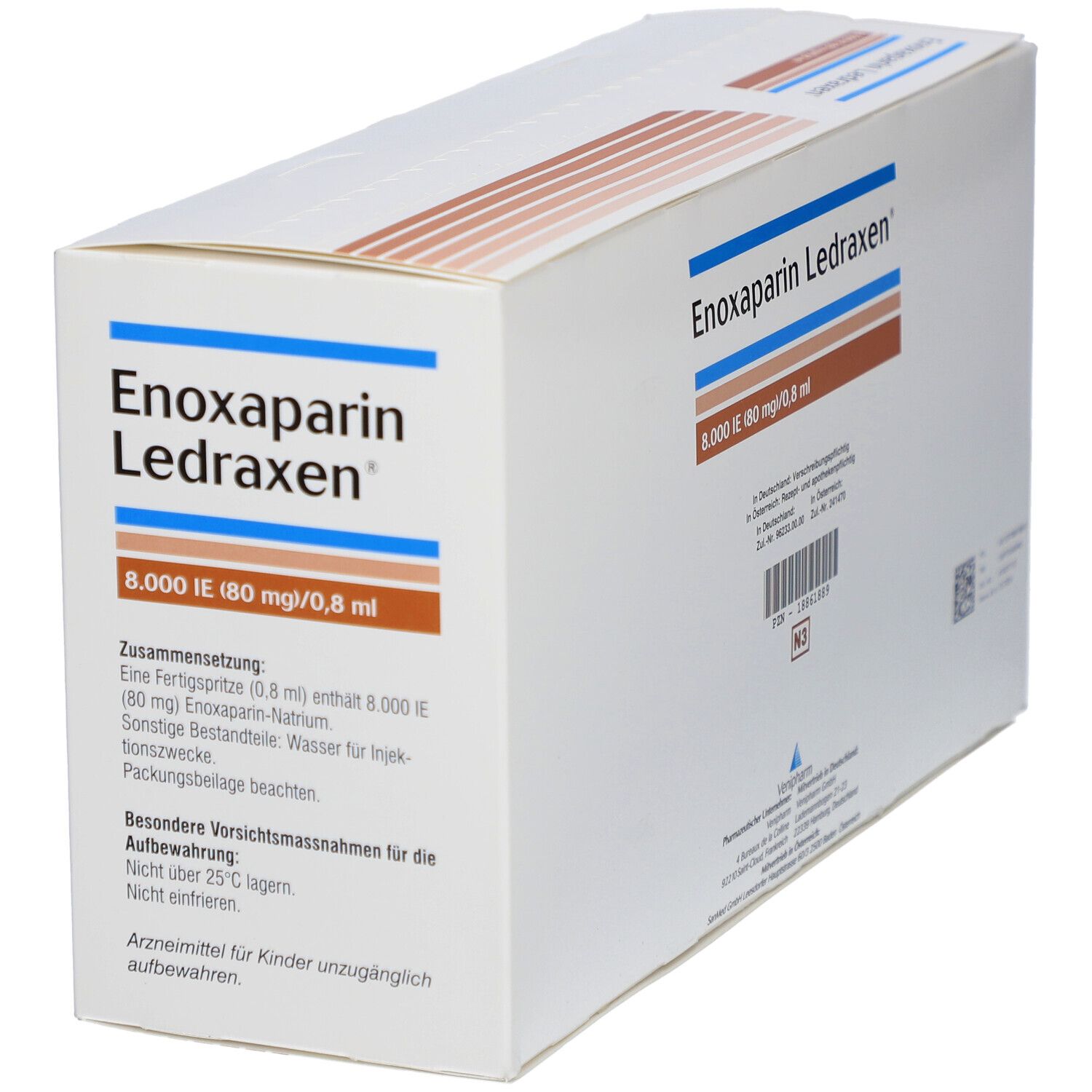 Enoxaparin Ledraxen Schachtel. Angaben zu Dosierung und Anwendung. Enthält 50 Fertigspritzen. Produktname und Logo.