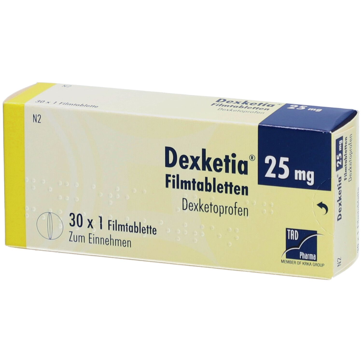 DEXKETIA 25 mg Filmtabletten-Packung. Blaue und gelbe Schachtel mit Produktnamen und Dosierung. 30 Tabletten.