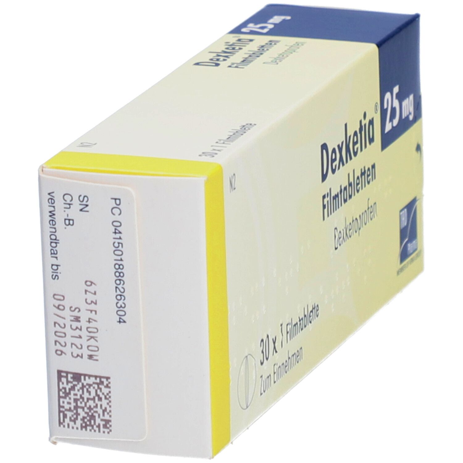 DEXKETIA 25 mg Filmtabletten-Packung. Seitenansicht der Schachtel mit Produktinformationen und Verfallsdatum.