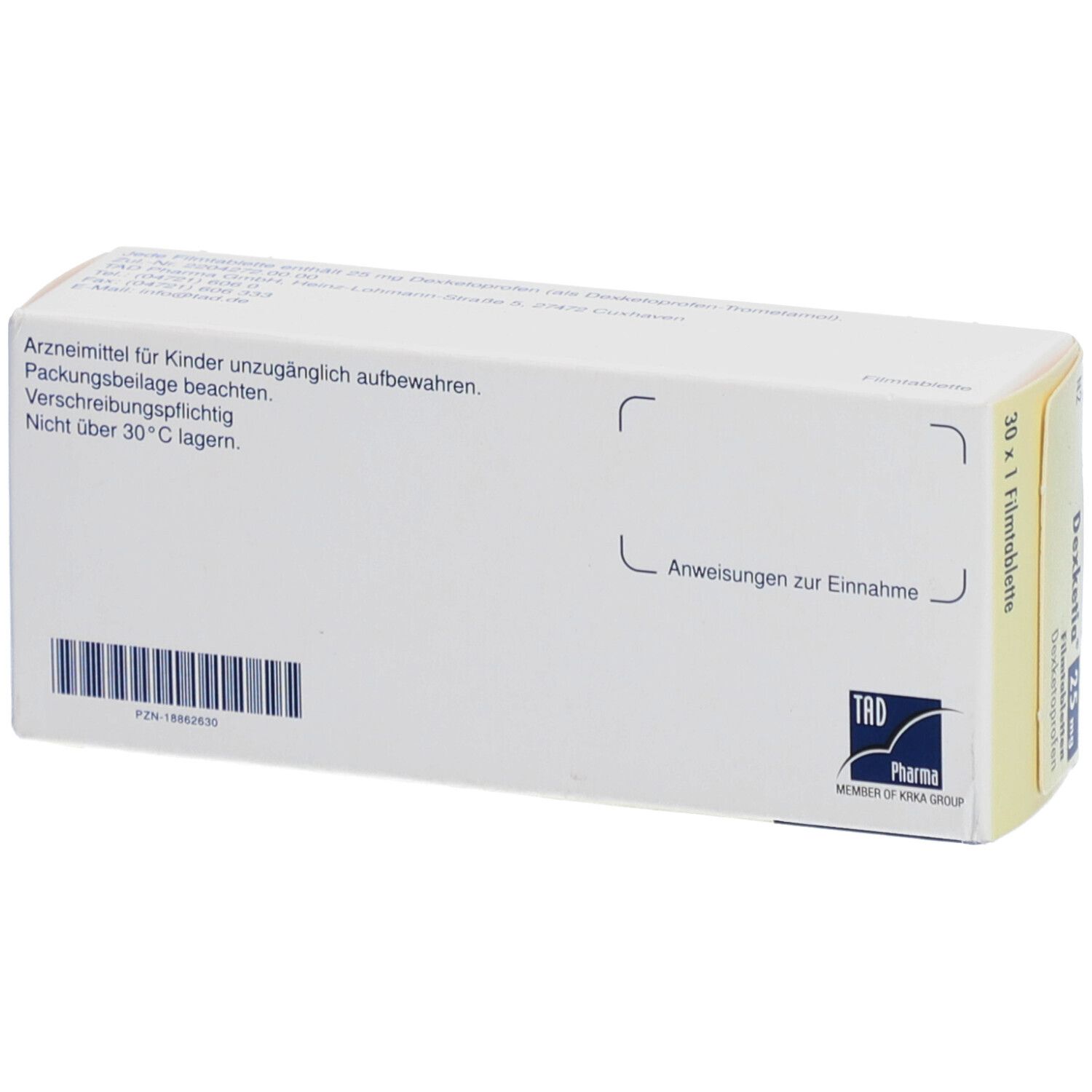 Rückseite der DEXKETIA 25 mg Packung. Weiß mit Text: Arzneimittel für Kinder unzugänglich aufbewahren. TRD Pharma Logo.