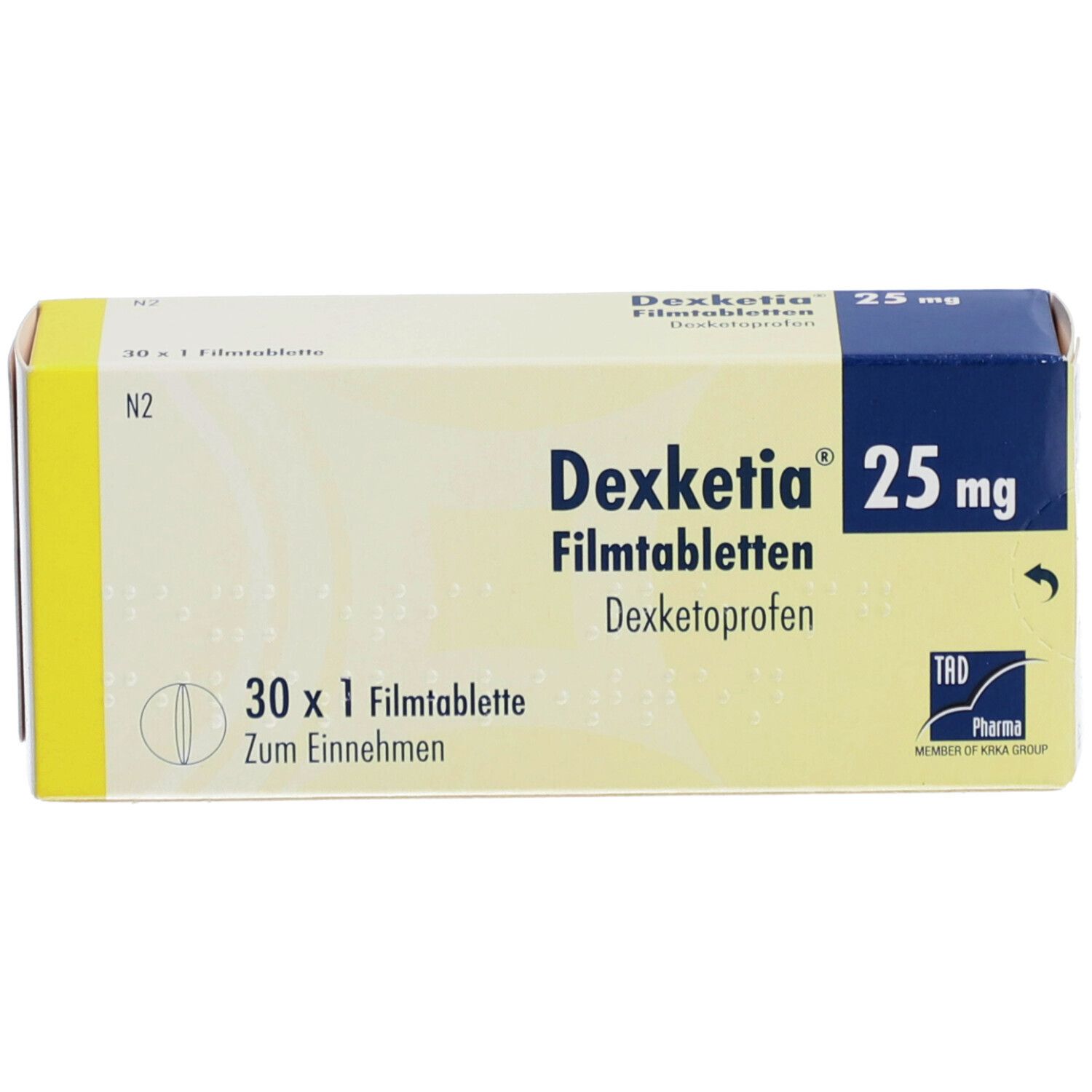 DEXKETIA 25 mg Filmtabletten-Packung. Gelb-weißes Design mit blauer Ecke. Aufschrift: 30 x 1 Filmtablette, Dexketoprofen.