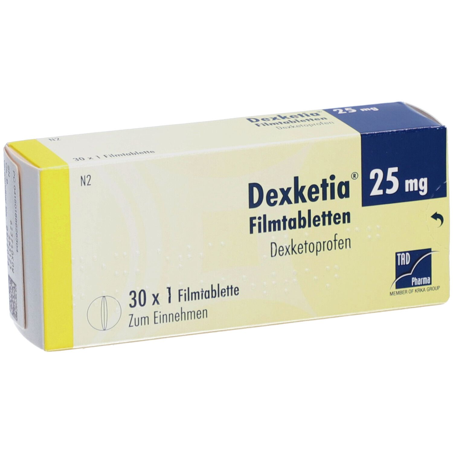 DEXKETIA 25 mg Filmtabletten-Packung. Blaue und gelbe Schachtel mit Produktnamen und Dosierung. 30 Tabletten.