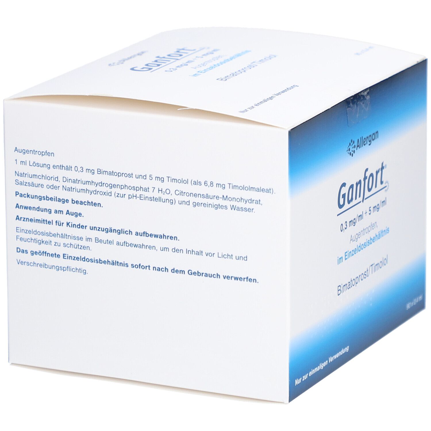 Rückseite der GANFORT-Verpackung. Text mit Inhaltsstoffen und Anwendungshinweisen. Allergan Logo.