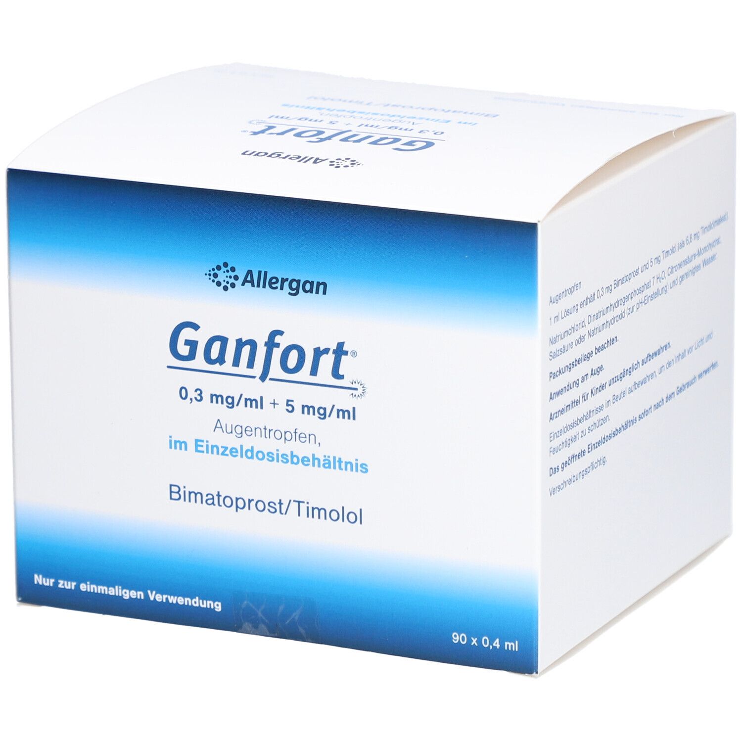 Karton mit GANFORT Augentropfen. Blaue und weiße Verpackung. Enthält 90 x 0,4 ml. Allergan Logo.