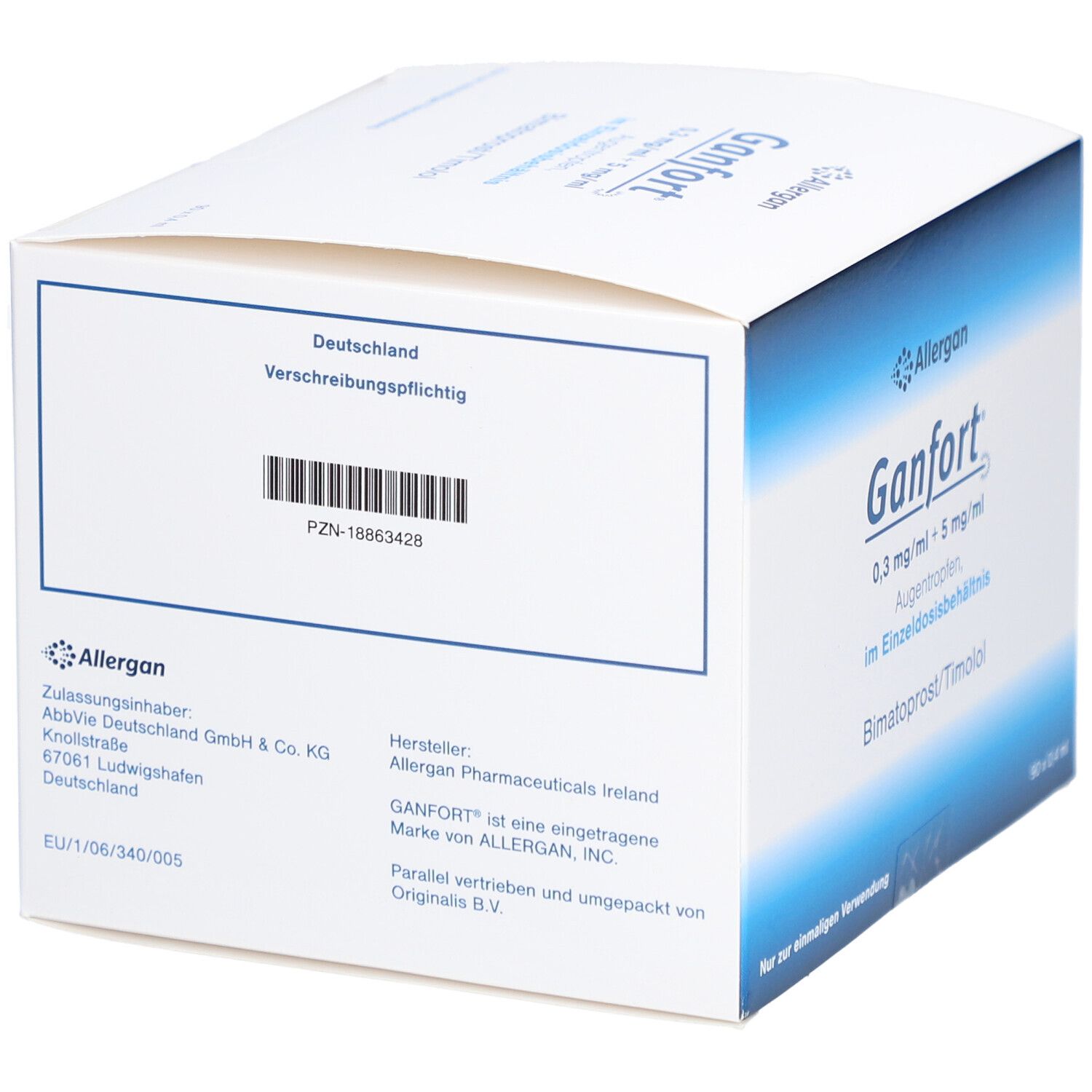 Rückseite der GANFORT-Verpackung. Text mit Herstellerinformationen und Barcode. Allergan Logo.