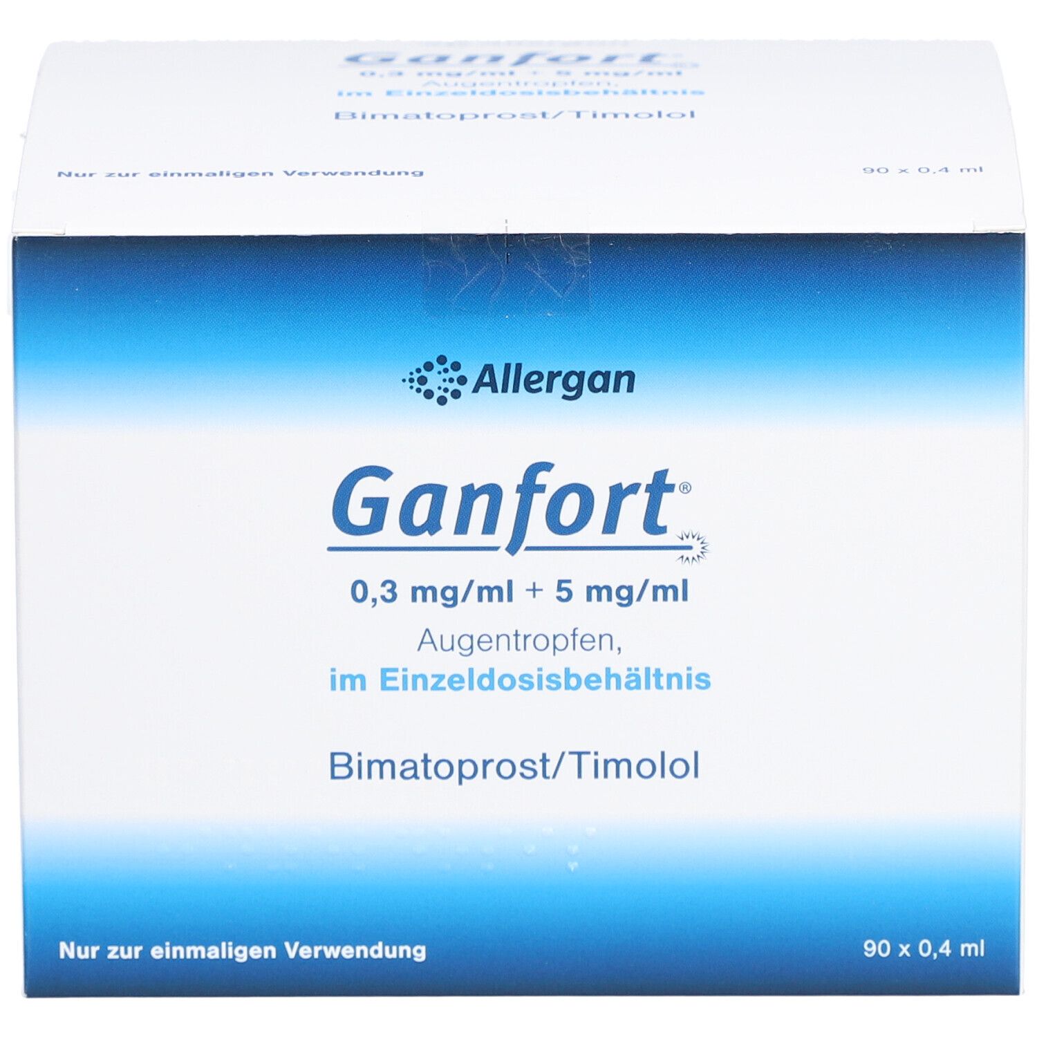 Karton mit GANFORT Augentropfen. Blaue und weiße Verpackung. Enthält 90 x 0,4 ml. Allergan Logo.