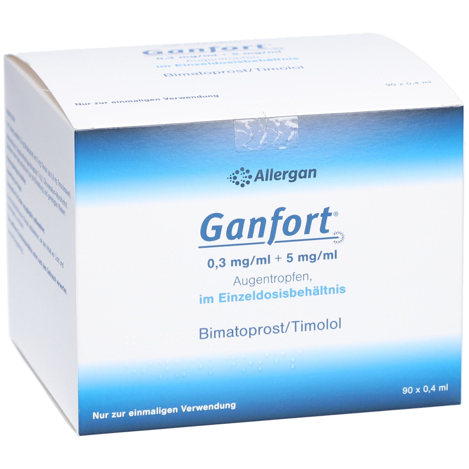 Karton mit GANFORT Augentropfen. Blaue und weiße Verpackung. Enthält 90 x 0,4 ml. Allergan Logo.
