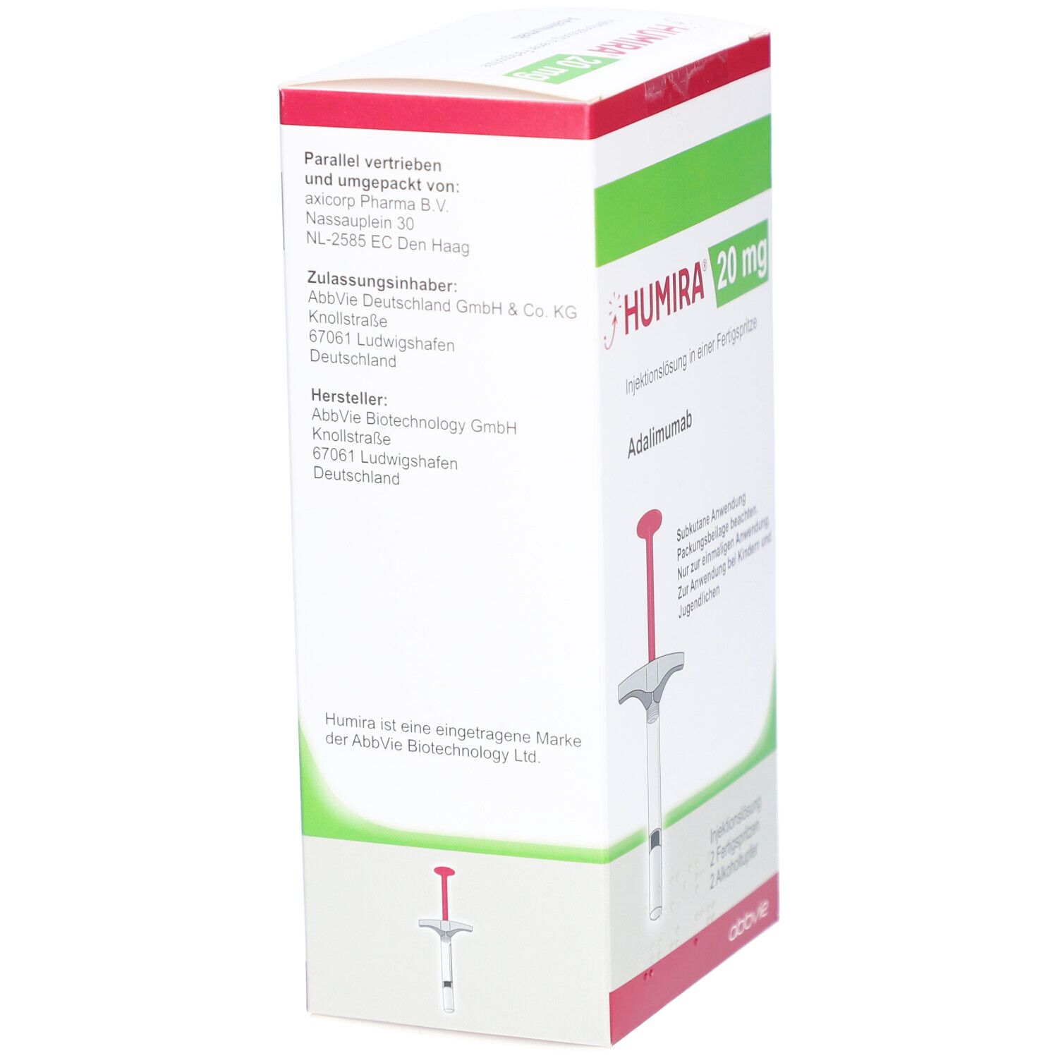 HUMIRA 20 mg Injektionslösung in Fertigspr., Adalimumab. Box-Seitenansicht mit Spritze-Abbildung. Hersteller- und Vertriebsinformationen.