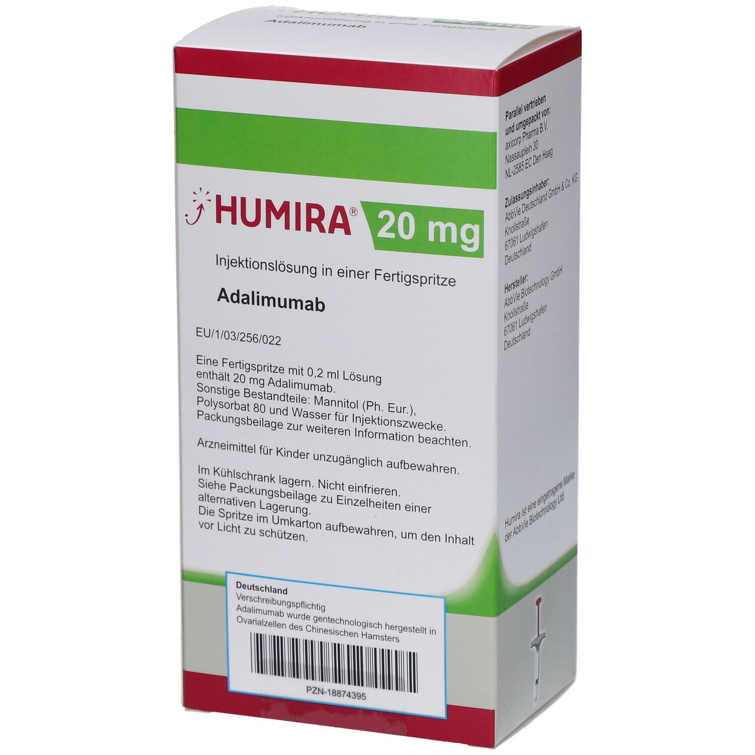 HUMIRA 20 mg Injektionslösung in Fertigspr., Adalimumab. Box-Rückseite mit Text. Enthält Informationen zu Inhaltsstoffen und Lagerung.