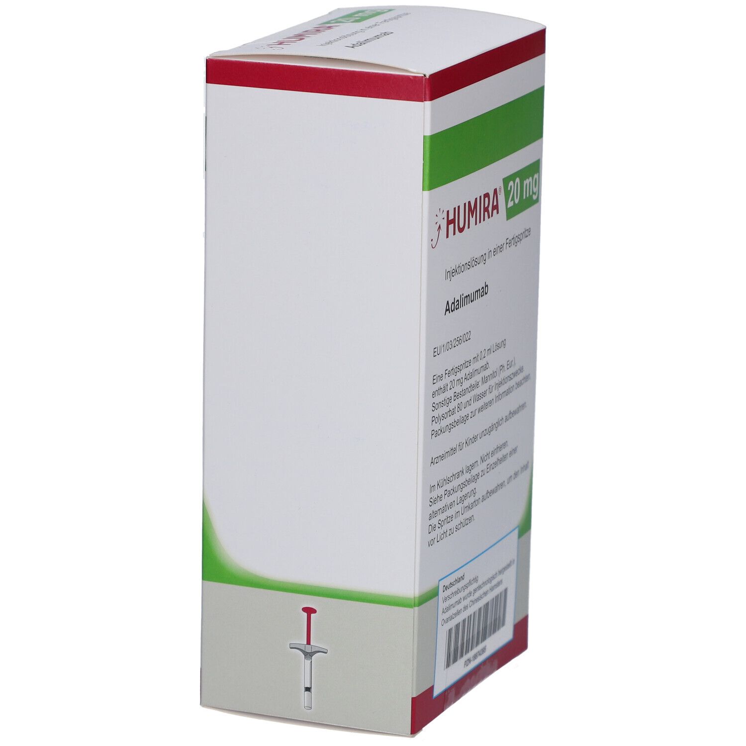 HUMIRA 20 mg Injektionslösung in Fertigspr., Adalimumab. Box-Seitenansicht. Enthält Informationen zur Anwendung und Lagerung.