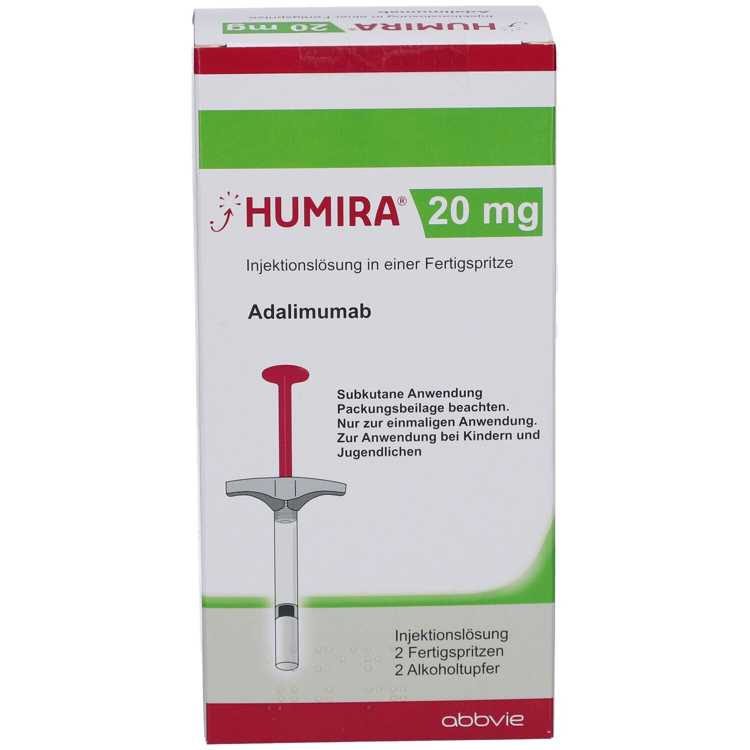 HUMIRA 20 mg Injektionslösung in Fertigspr., Adalimumab. Box mit Spritze-Abbildung. Enthält 2 Fertigspritzen und Alkoholtupfer.