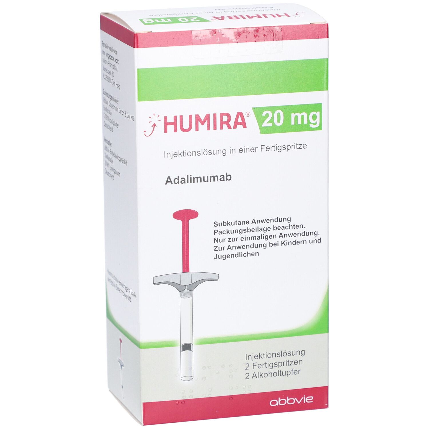 HUMIRA 20 mg Injektionslösung in Fertigspr., Adalimumab. Box mit Spritze-Abbildung. Enthält 2 Fertigspritzen und Alkoholtupfer.
