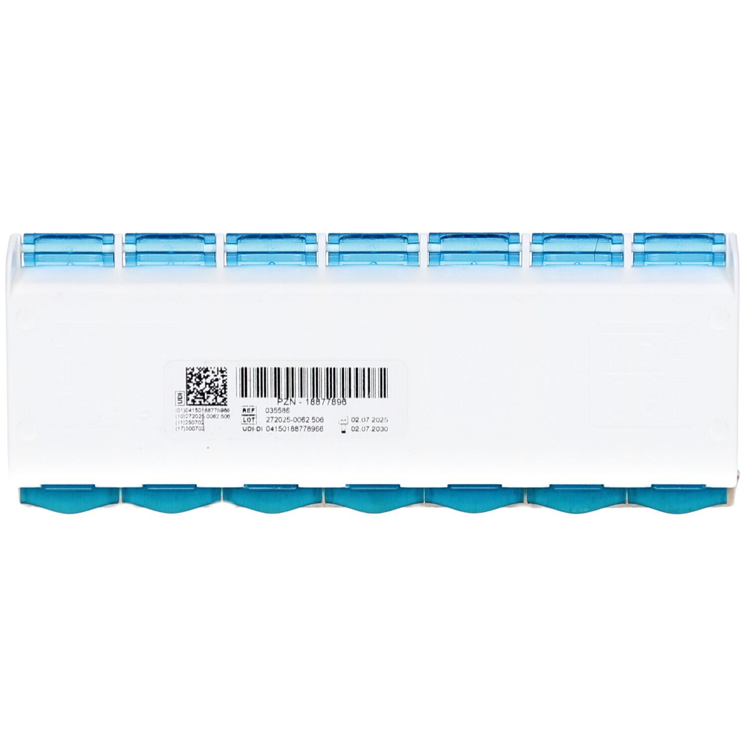 Weiße Unterseite der Pillenbox mit Barcode und Produktinformationen. Sieben türkisfarbene Fächer sichtbar.