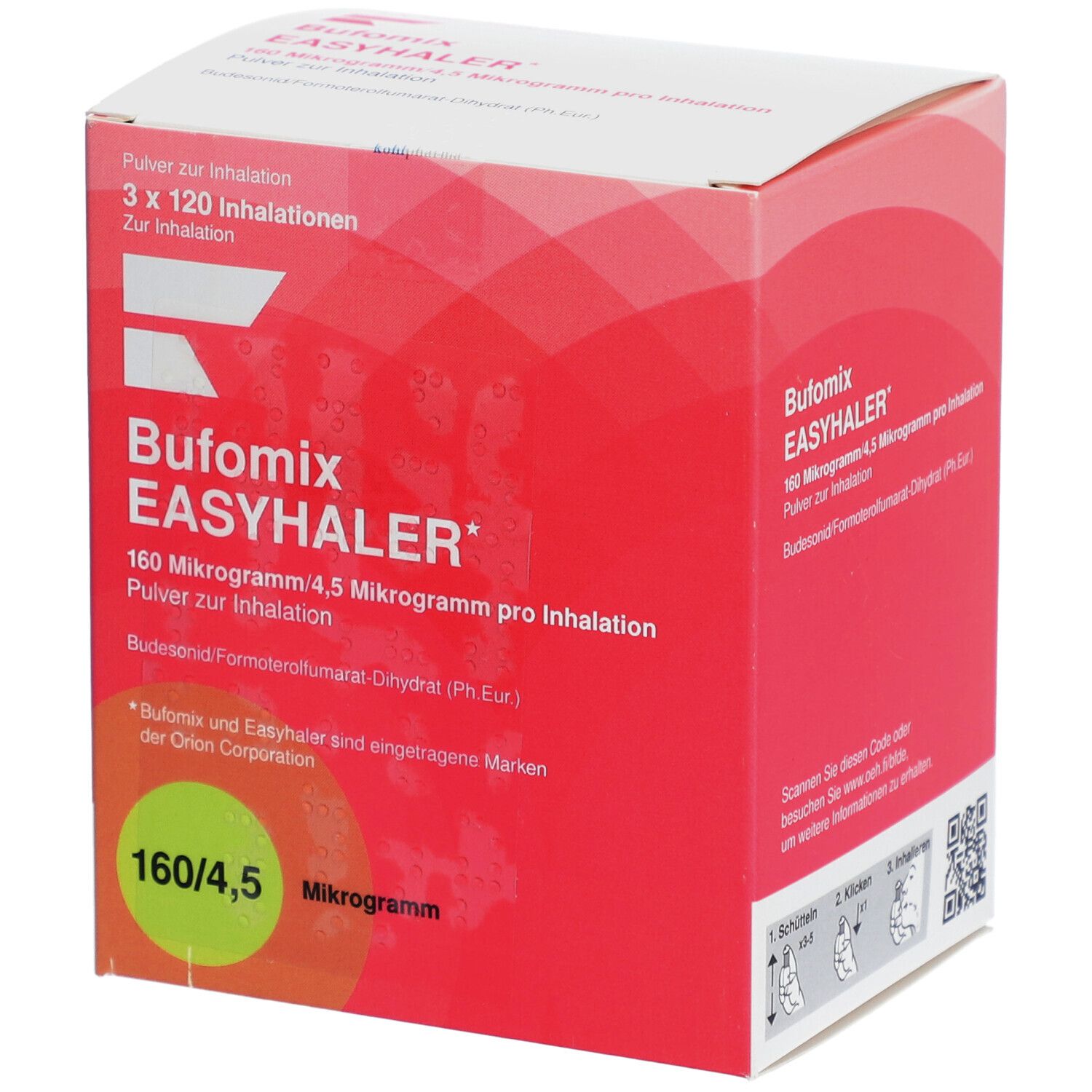 Rote und weiße Schachtel. Aufschrift: Bufomix EASYHALER 160 Mikrogramm/4,5 Mikrogramm pro Inhalation. 3x120 Inhalationen.