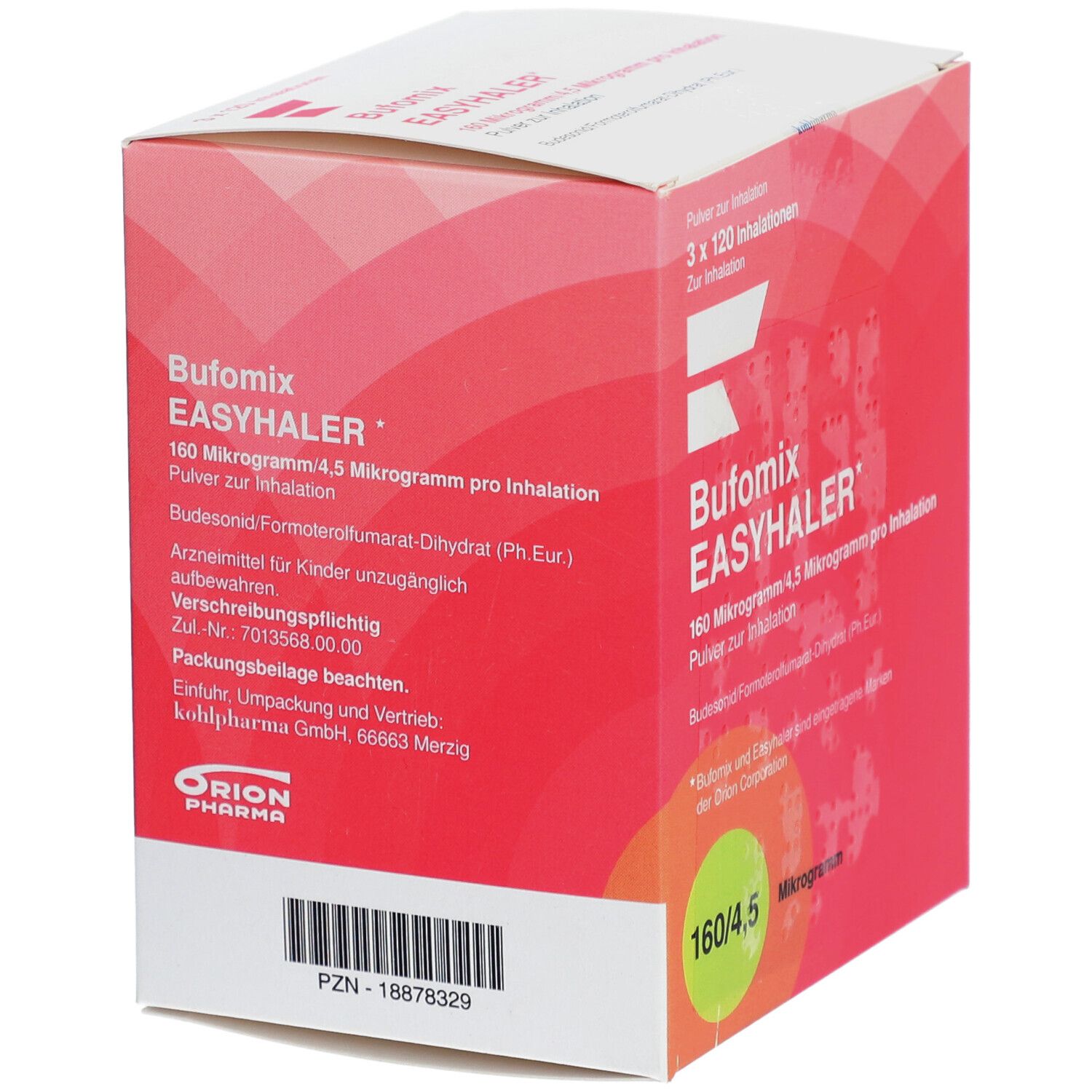 Rote und weiße Schachtel. Aufschrift: Bufomix EASYHALER 160 Mikrogramm/4,5 Mikrogramm pro Inhalation. PZN-18878329.