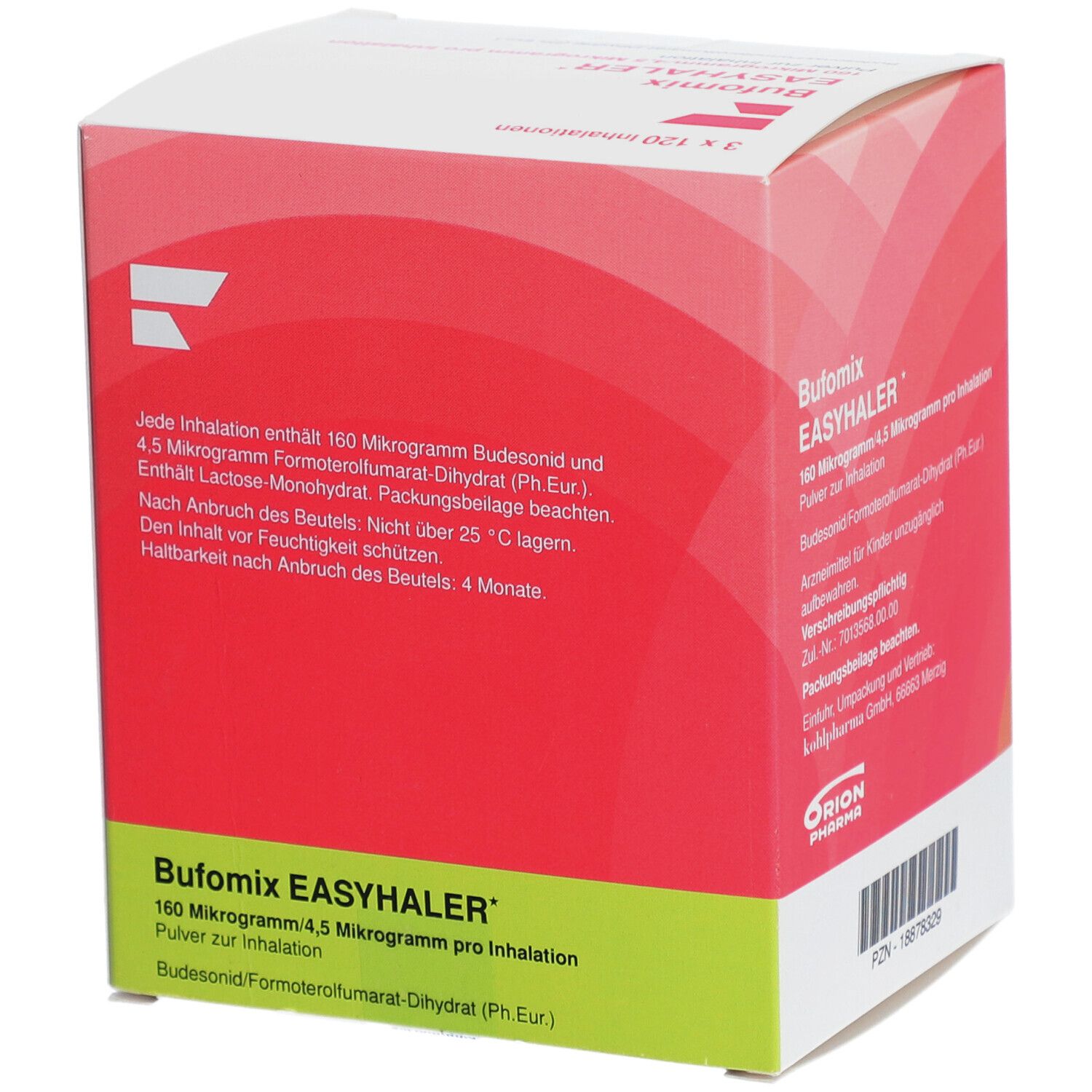Rote und weiße Schachtel. Aufschrift: Bufomix EASYHALER 160 Mikrogramm/4,5 Mikrogramm pro Inhalation. Enthält 160 Mikrogramm Budesonid.