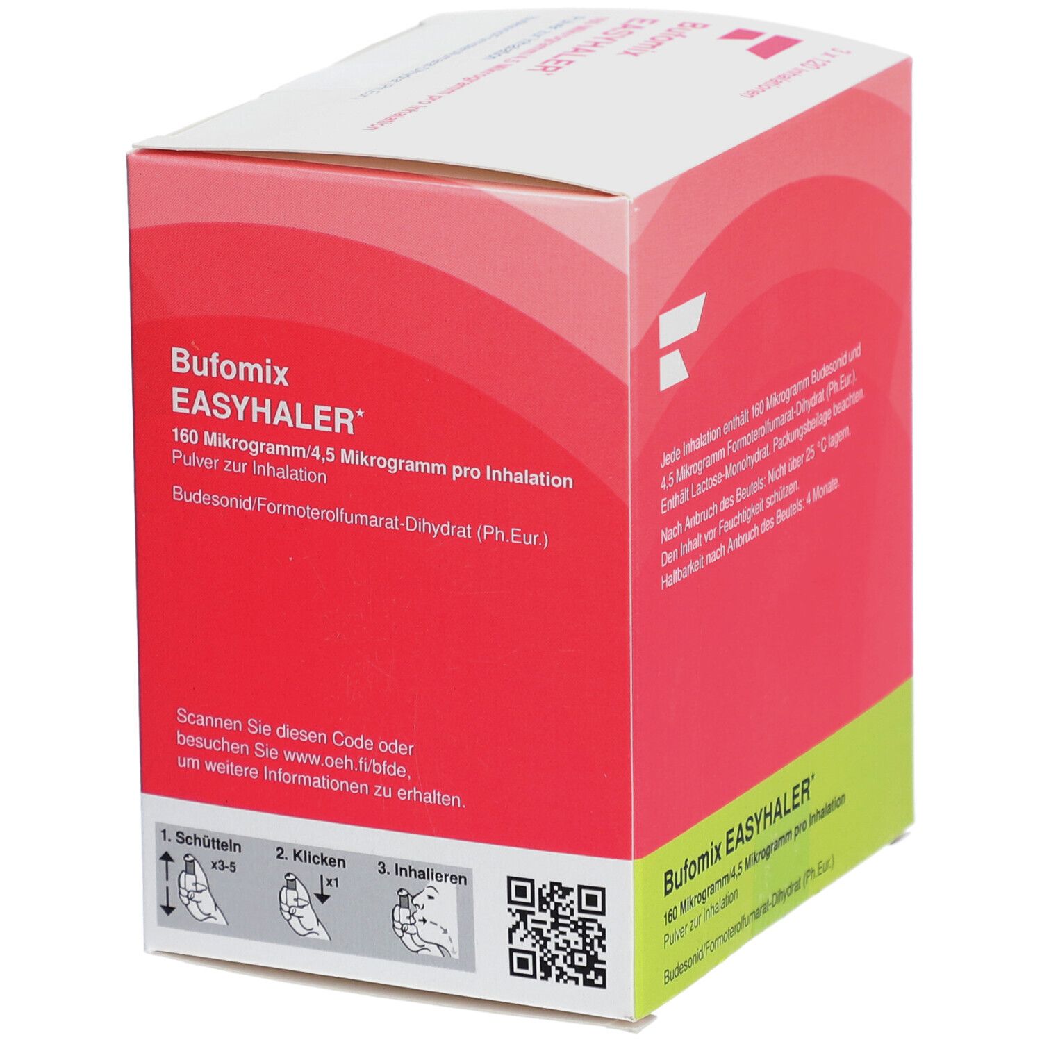 Rote und weiße Schachtel. Aufschrift: Bufomix EASYHALER 160 Mikrogramm/4,5 Mikrogramm pro Inhalation. Mit QR-Code.