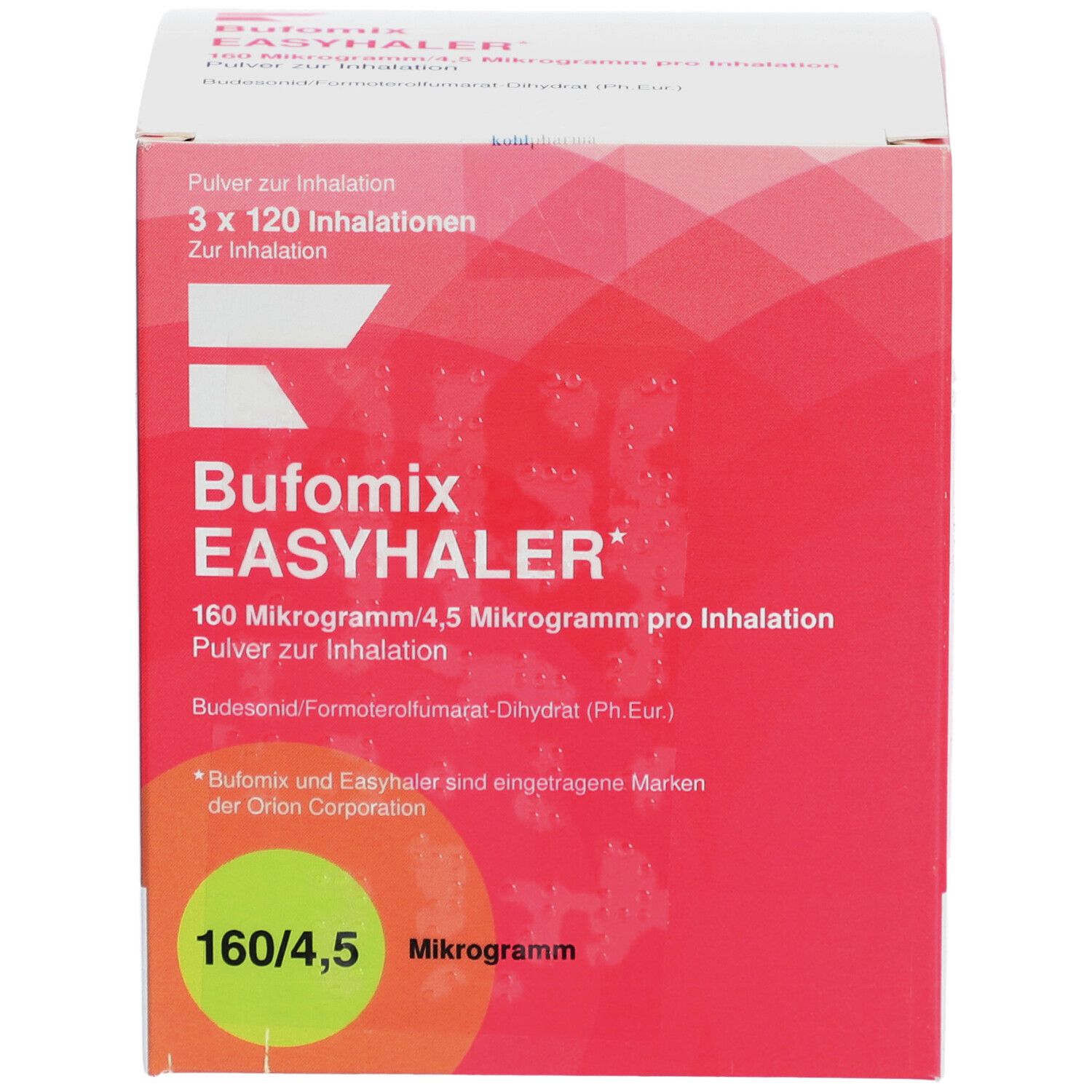 Rote und weiße Schachtel. Aufschrift: Bufomix EASYHALER 160 Mikrogramm/4,5 Mikrogramm pro Inhalation. 3x120 Inhalationen.