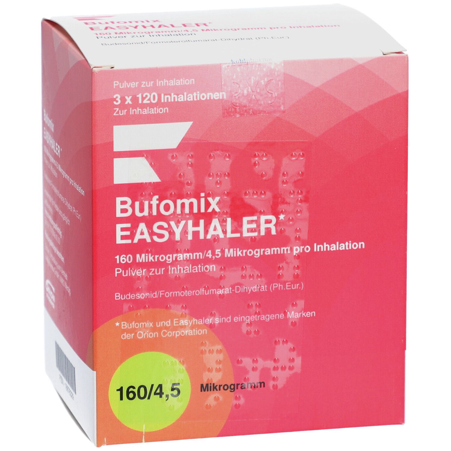 Rote und weiße Schachtel. Aufschrift: Bufomix EASYHALER 160 Mikrogramm/4,5 Mikrogramm pro Inhalation. 3x120 Inhalationen.