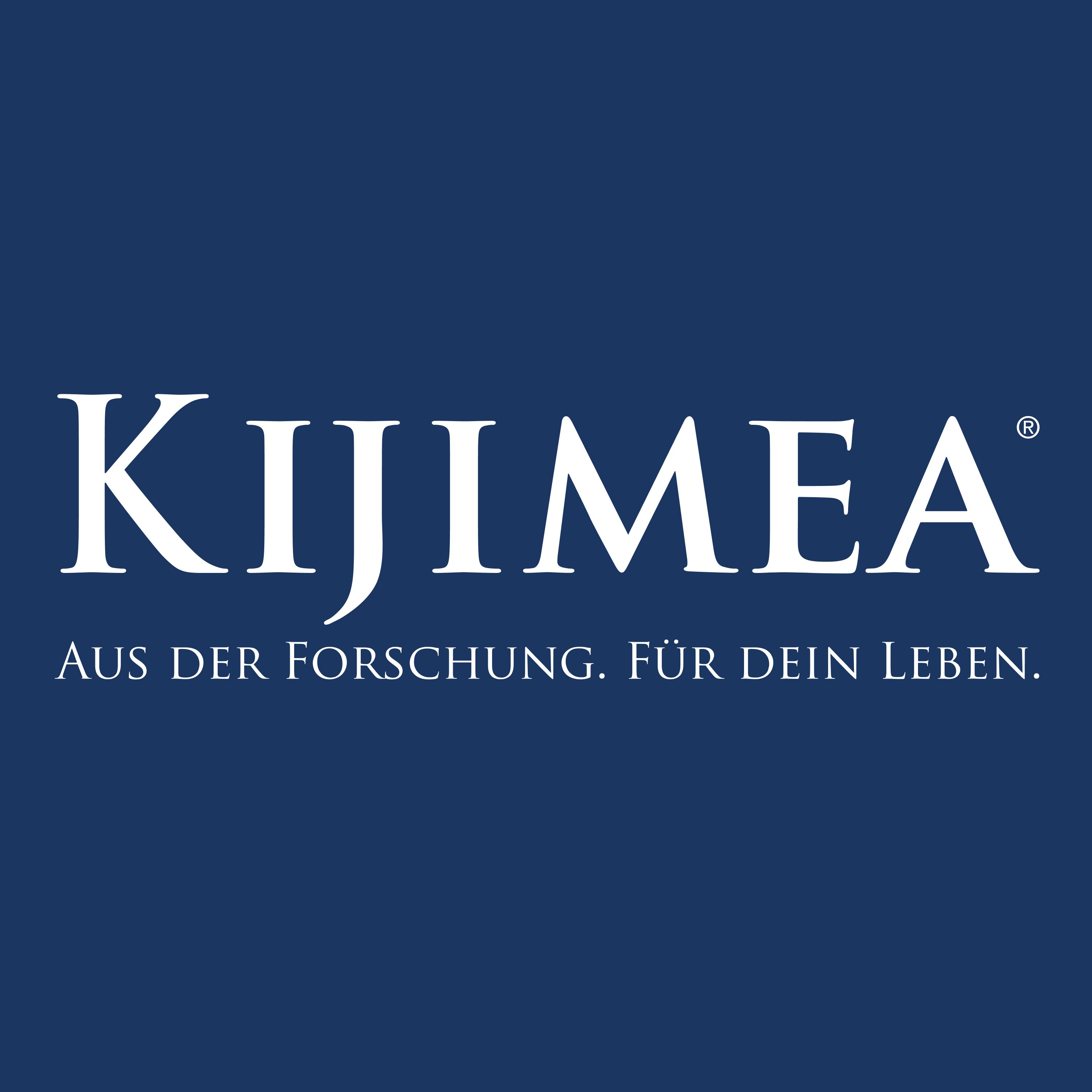 Blauer Hintergrund mit weißem KIJIMEA-Logo. Text: Aus der Forschung. Für dein Leben.