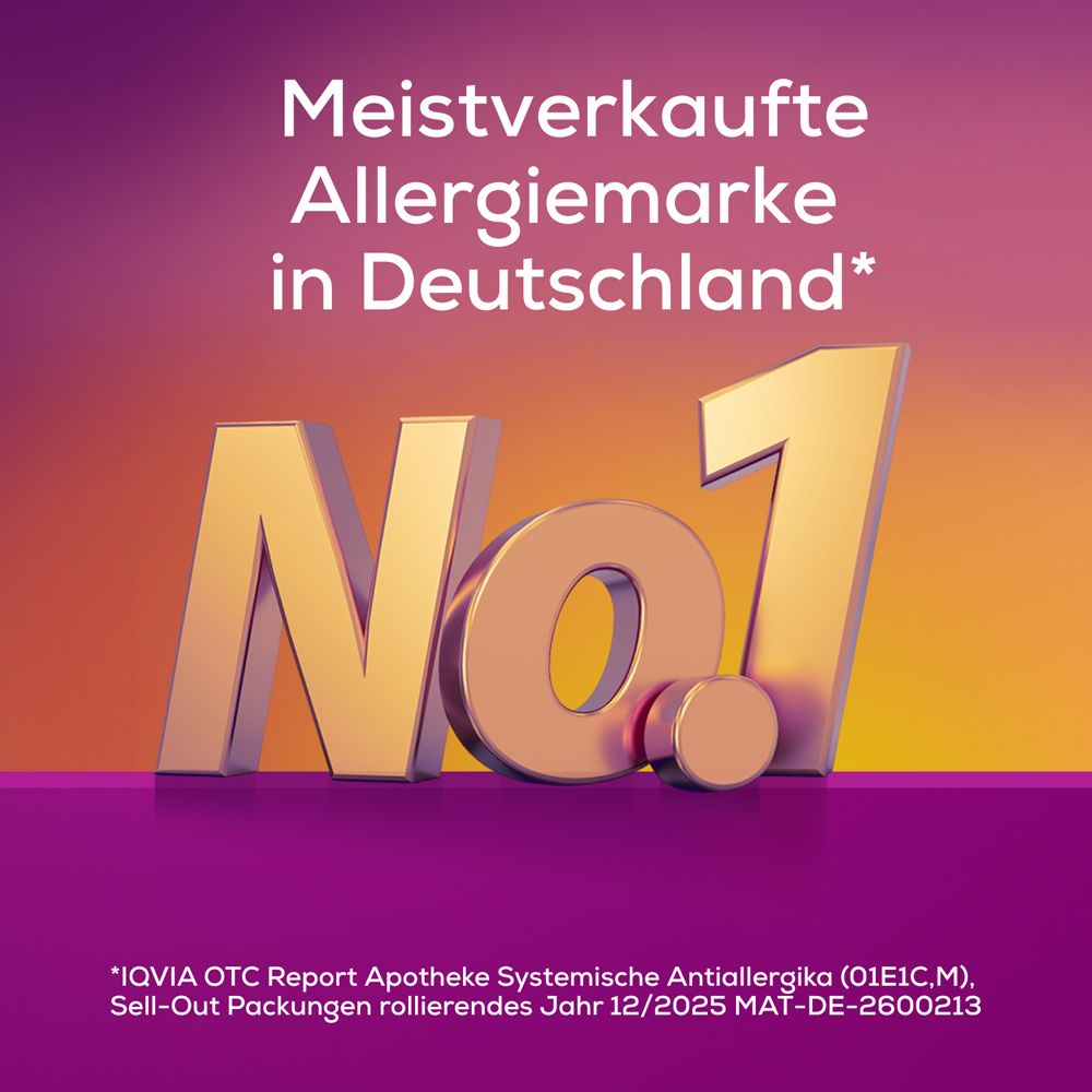 Goldene Zahl 1. Meistverkaufte Allergie-Marke in Deutschland. Lila Hintergrund. Werbung.