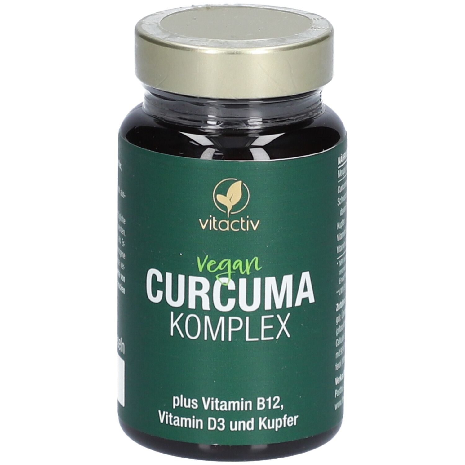 Braune Glasflasche mit grünem Etikett. Enthält Kapseln. Aufschrift: Vitactiv Vegan Curcuma Komplex.