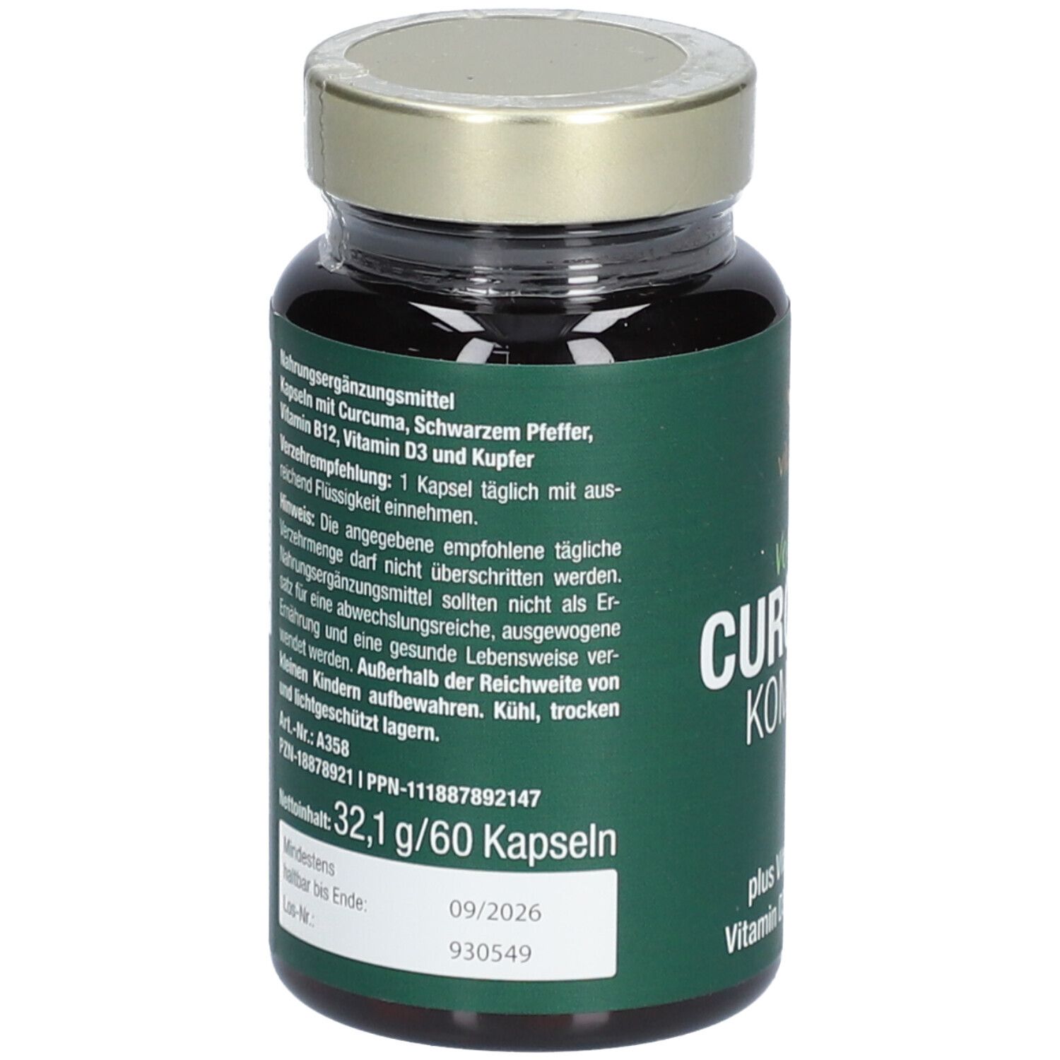 Rückseite der Flasche. Text: Nahrungsergänzungsmittel mit Curcuma, schwarzem Pfeffer, Vitamin B12, D3 und Kupfer.