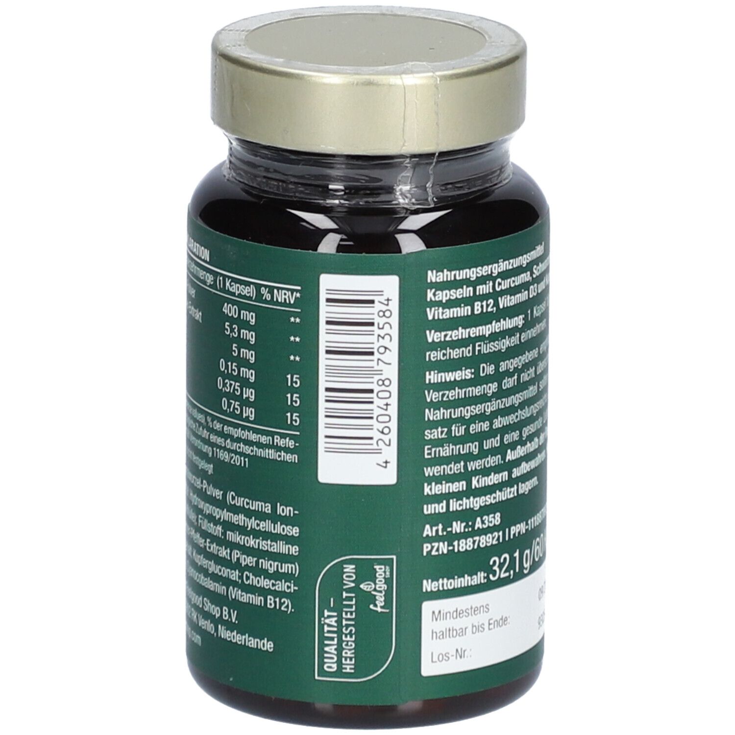 Rückseite der Flasche. Text: Nahrungsergänzungsmittel mit Curcuma, schwarzem Pfeffer, Vitamin B12, D3 und Kupfer.