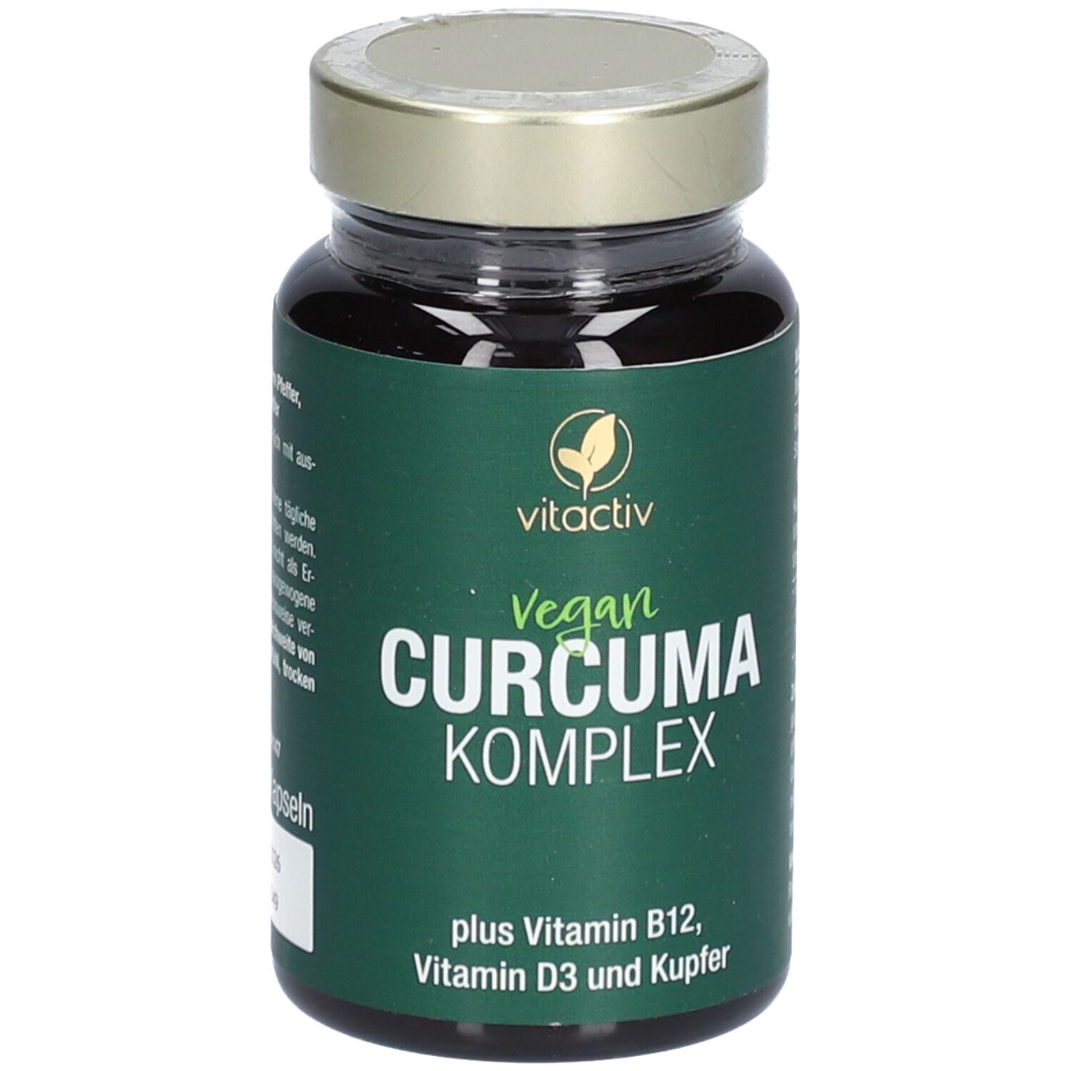 Braune Glasflasche mit grünem Etikett. Enthält Kapseln. Aufschrift: Vitactiv Vegan Curcuma Komplex.