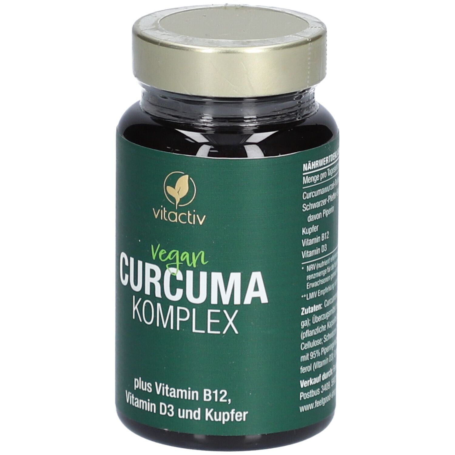 Braune Glasflasche mit grünem Etikett. Enthält Kapseln. Aufschrift: Vitactiv Vegan Curcuma Komplex.
