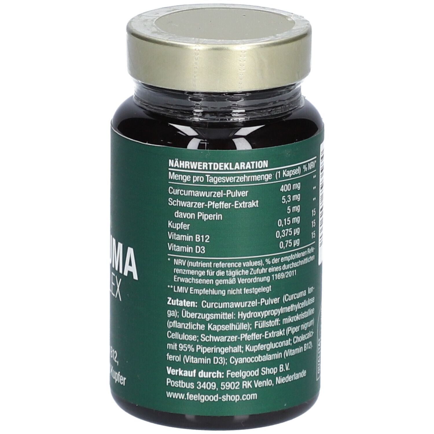 Rückseite der Flasche. Text: Nährwertdeklaration. Enthält Curcumawurzel, Pfeffer-Extrakt, Kupfer, Vitamin B12 und D3.