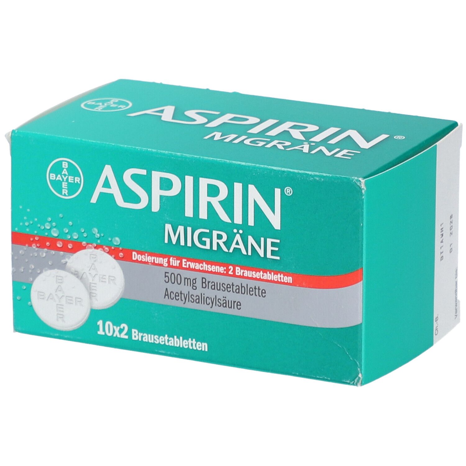 Aspirin Migräne Brausetabletten-Packung. Grün-weiß, mit Tabletten-Abbildung. Text: Aspirin Migräne, 10x2 Brausetabletten, 500mg Acetylsalicylsäure.