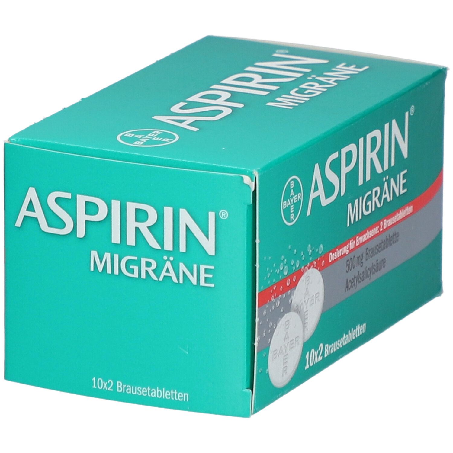 Aspirin Migräne Brausetabletten-Packung. Grün-weiß, mit Tabletten-Abbildung. Text: Aspirin Migräne, 10x2 Brausetabletten, 500mg Acetylsalicylsäure.
