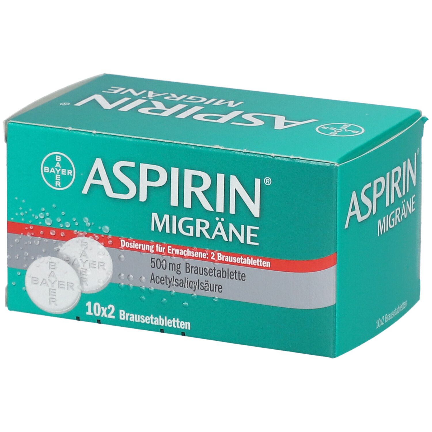 Aspirin Migräne Brausetabletten-Packung. Grün-weiß, mit Tabletten-Abbildung. Text: Aspirin Migräne, 10x2 Brausetabletten, 500mg Acetylsalicylsäure.