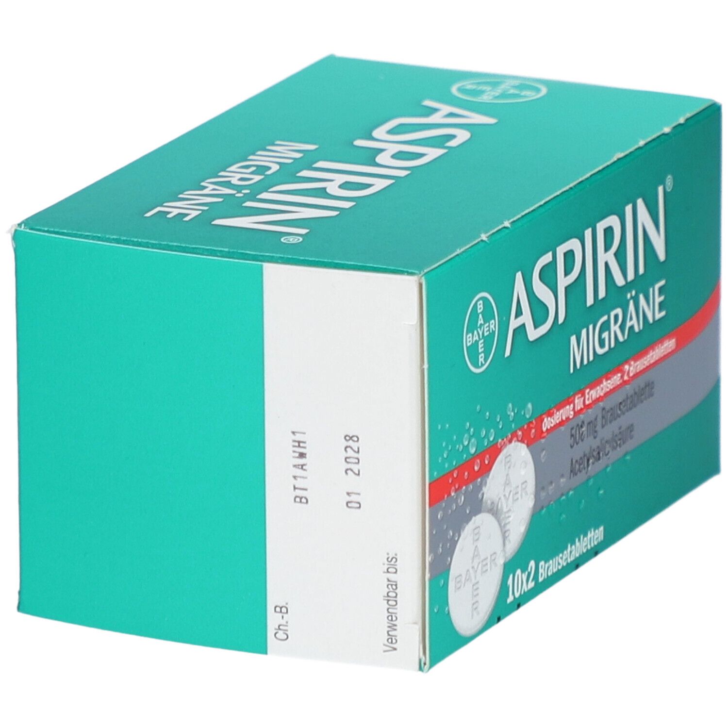Aspirin Migräne Brausetabletten-Packung. Grün-weiß, mit Tabletten-Abbildung. Text: Aspirin Migräne, 10x2 Brausetabletten, 500mg Acetylsalicylsäure.
