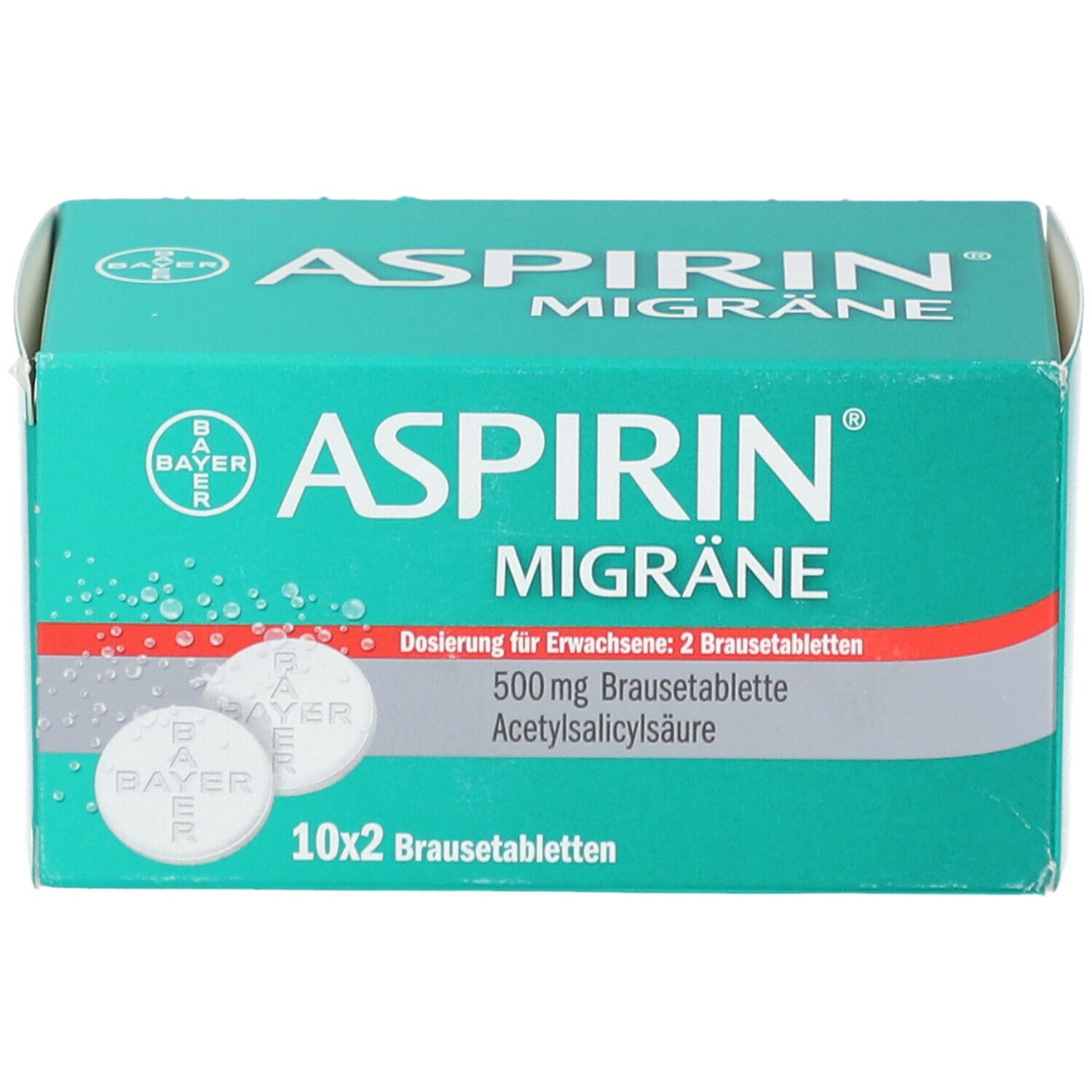 Aspirin Migräne Brausetabletten-Packung. Grün-weiß, mit Tabletten-Abbildung. Text: Aspirin Migräne, 10x2 Brausetabletten, 500mg Acetylsalicylsäure.