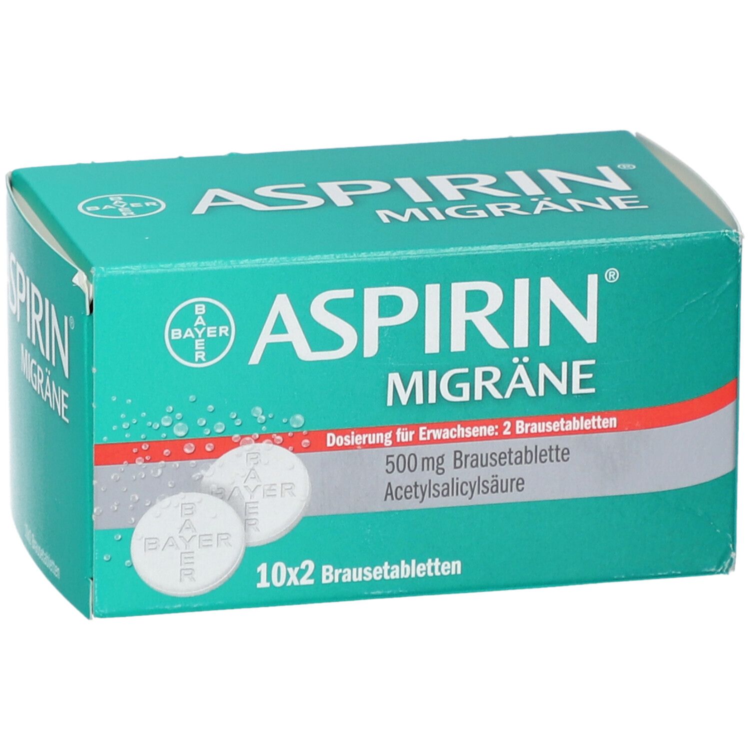 Grüne Schachtel mit "Aspirin Migräne"-Aufdruck. Enthält Brausetabletten. Bayer-Logo. Text: 500 mg Brausetablette, Acetylsalicylsäure.