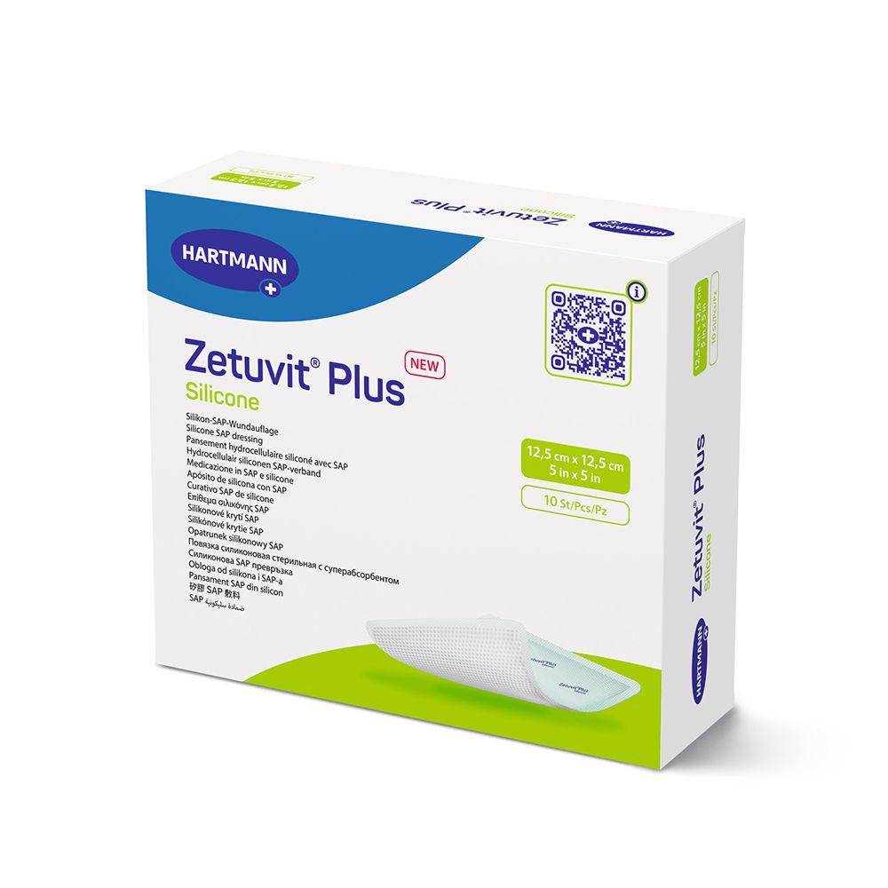 Verpackung von Hartmann Zetuvit Plus Silikon-Wundauflagen, 12,5 x 12,5 cm, 10 Stück.