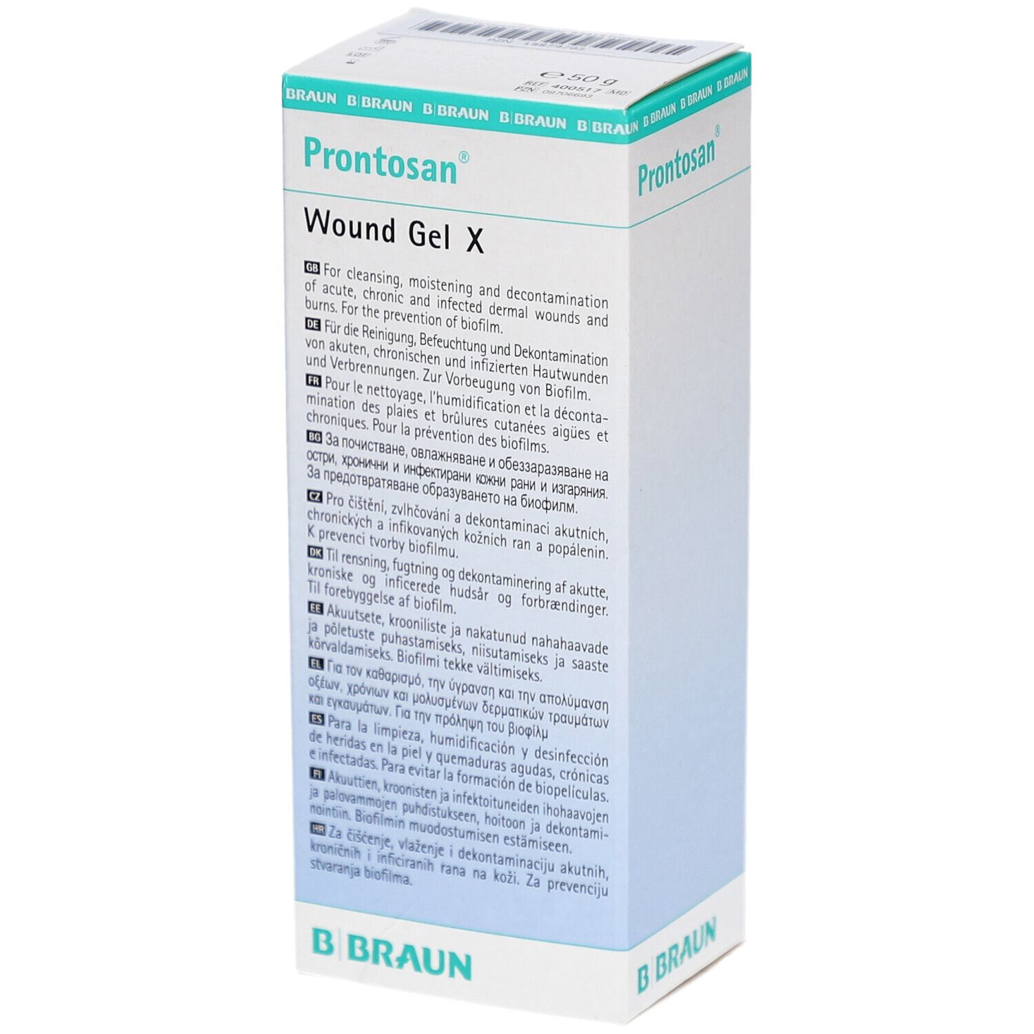 Kartonverpackung von Prontosan® Wound Gel X. Weiß, mit grünen Akzenten. B. Braun Logo. Text in mehreren Sprachen.