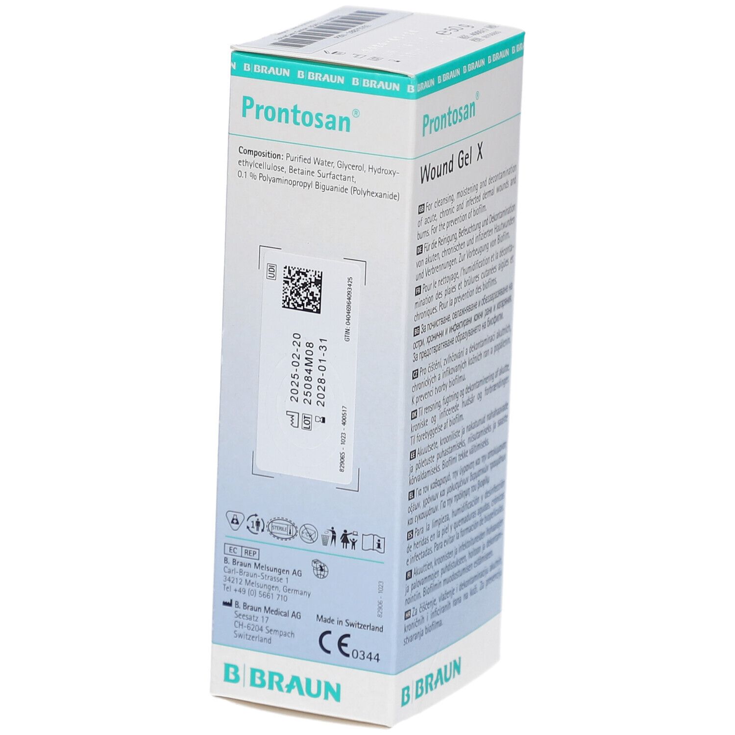 Seitenansicht der Prontosan® Wound Gel X Verpackung. Inhaltsstoffe, Chargennummer, B. Braun Logo, Made in Switzerland.