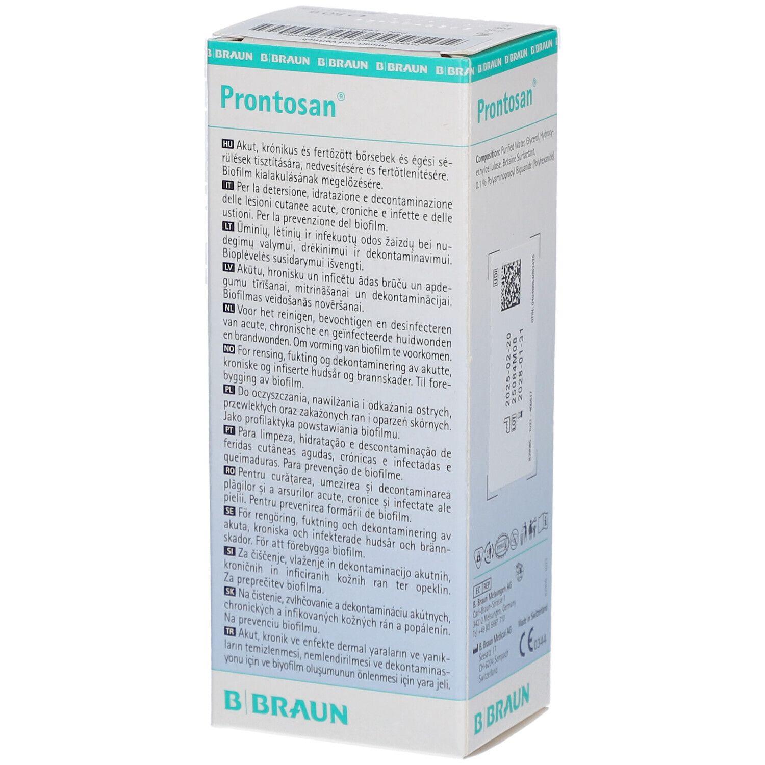 Rückseite der Prontosan® Wound Gel X Verpackung. Text in mehreren Sprachen. B. Braun Logo.